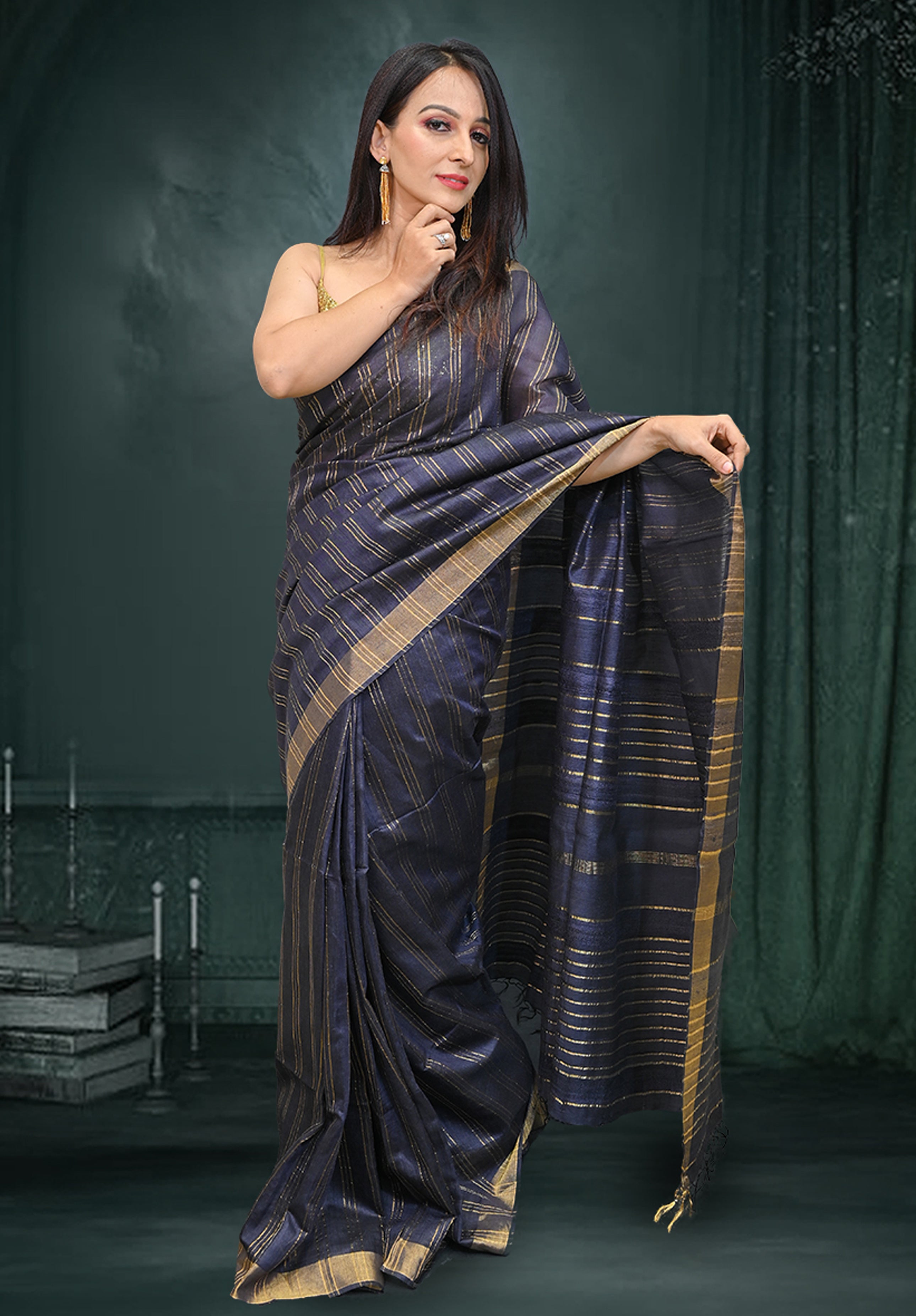 Pure silk Saree With Blouse Piece – Dark Blue