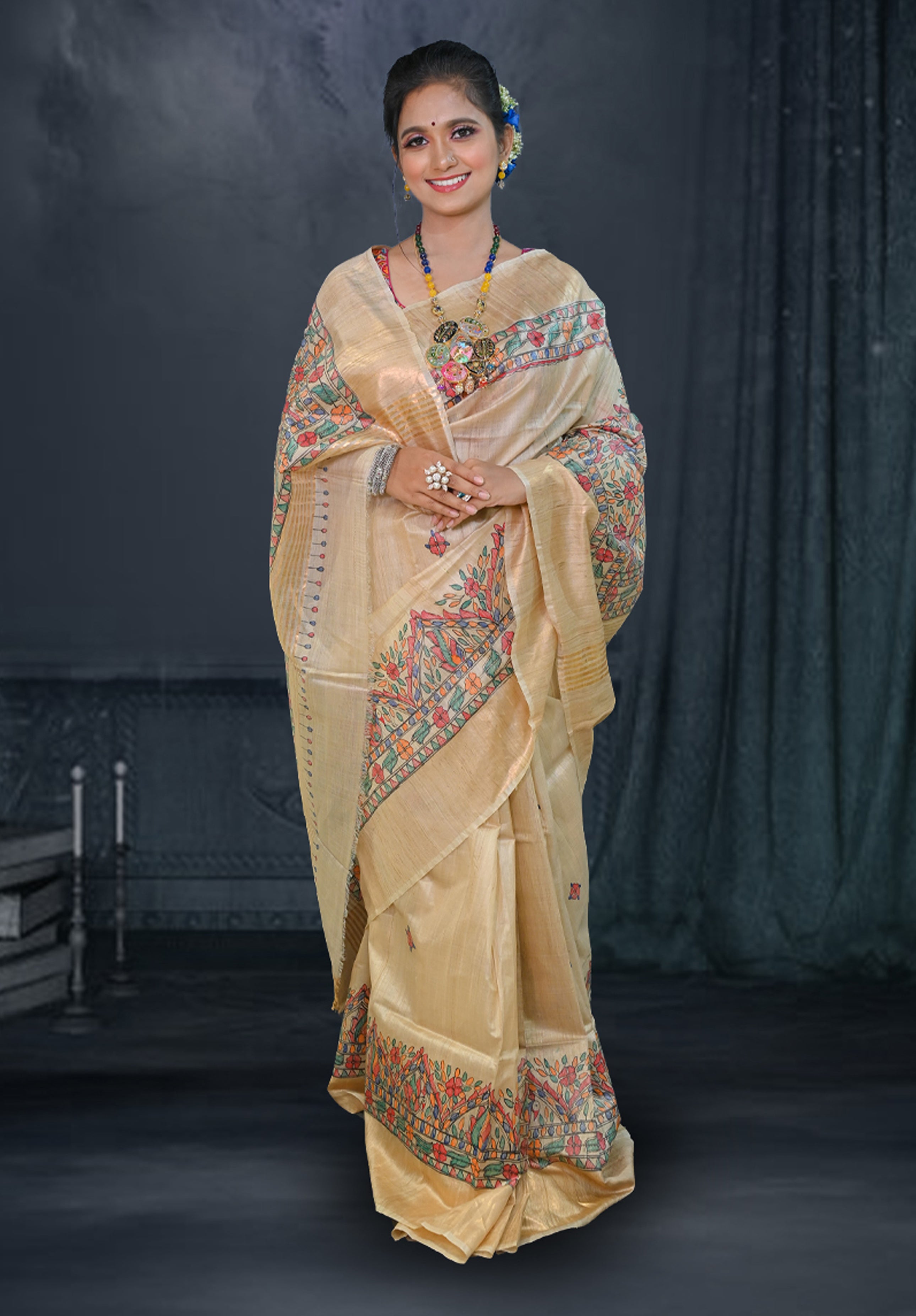 Pure Madhubani Saree With Blouse Piece – Cream