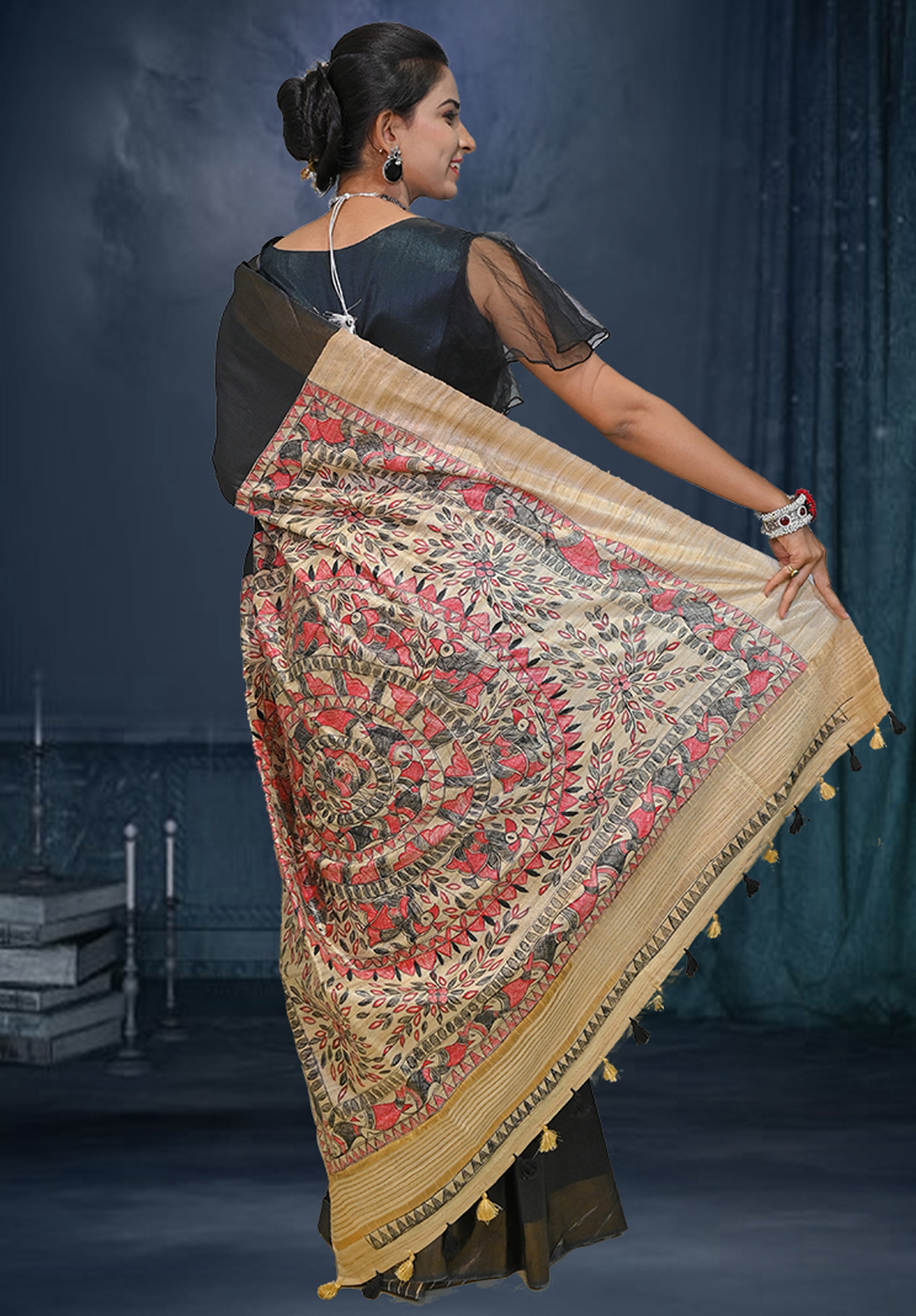 Pure Madhubani Saree With Blouse Piece – Black