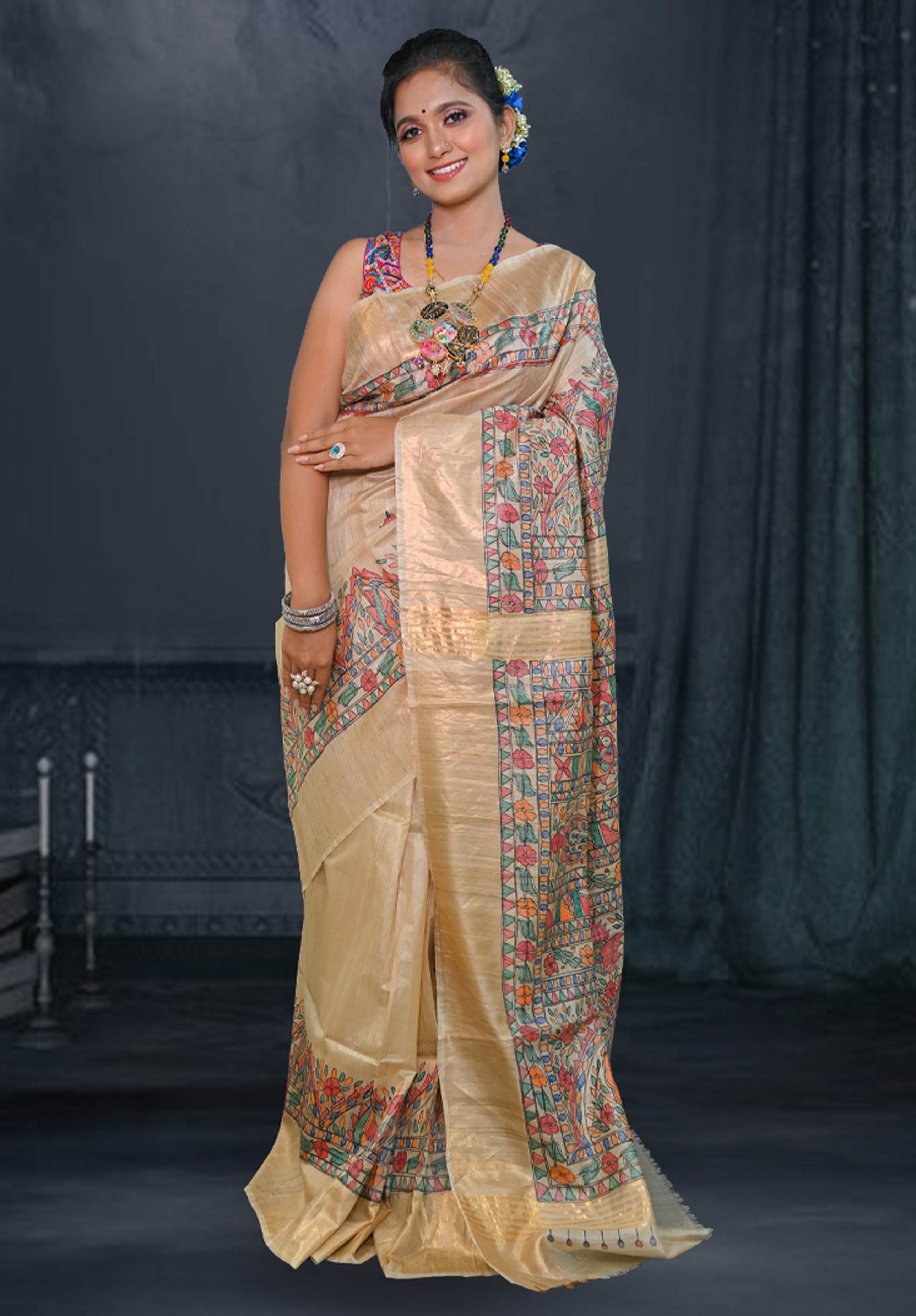 Pure Madhubani Saree With Blouse Piece – Cream
