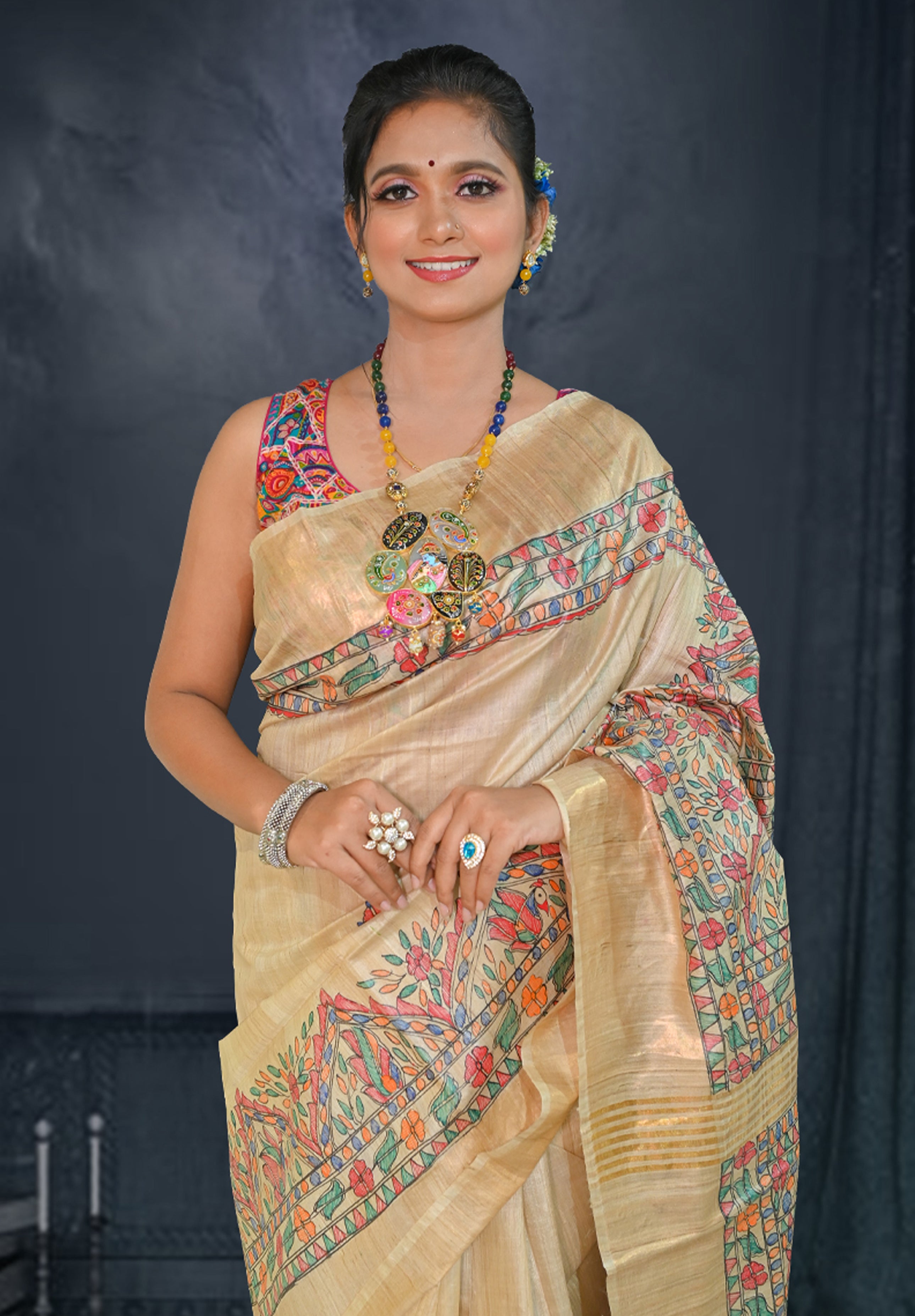 Pure Madhubani Saree With Blouse Piece – Cream