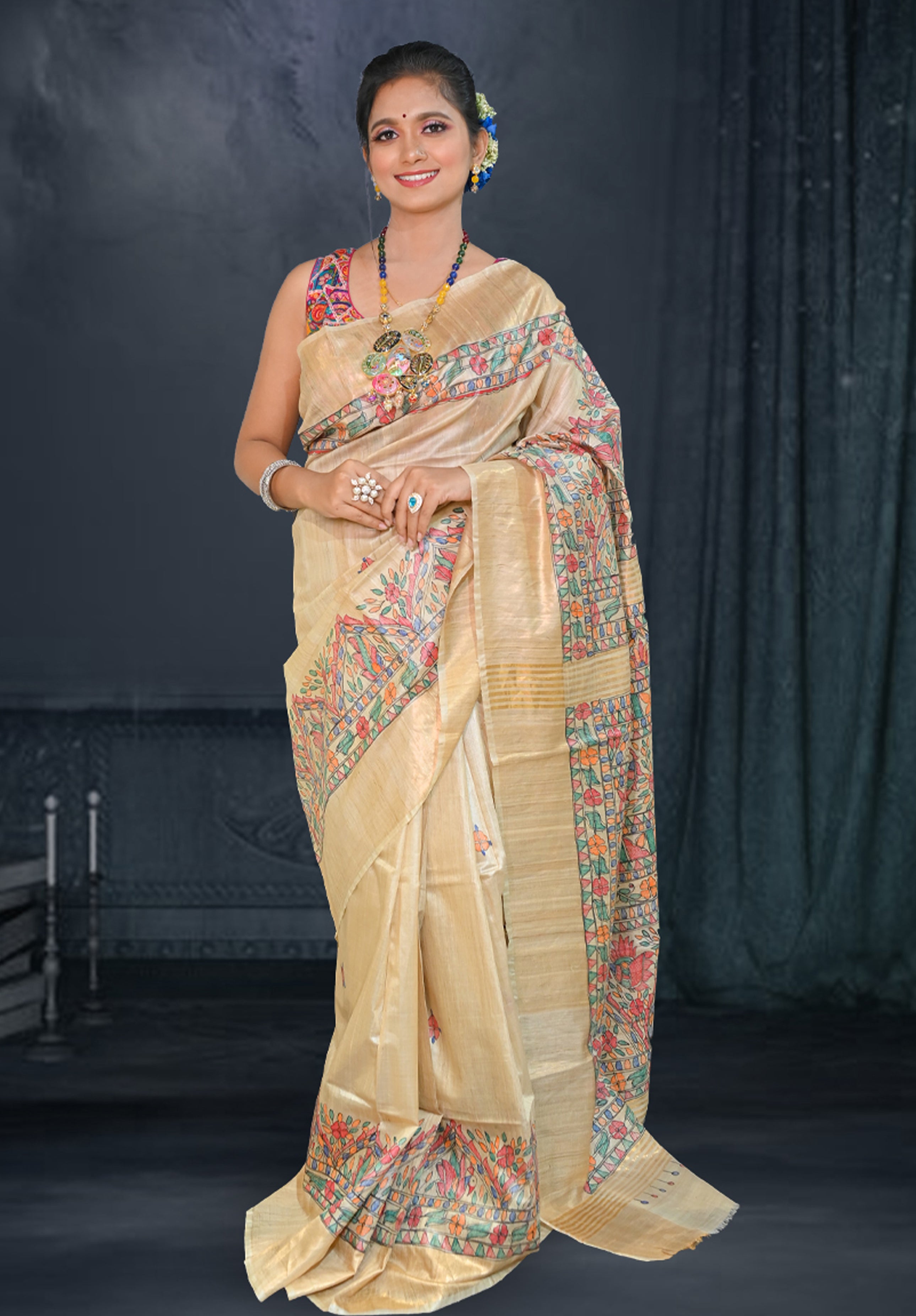 Pure Madhubani Saree With Blouse Piece – Cream