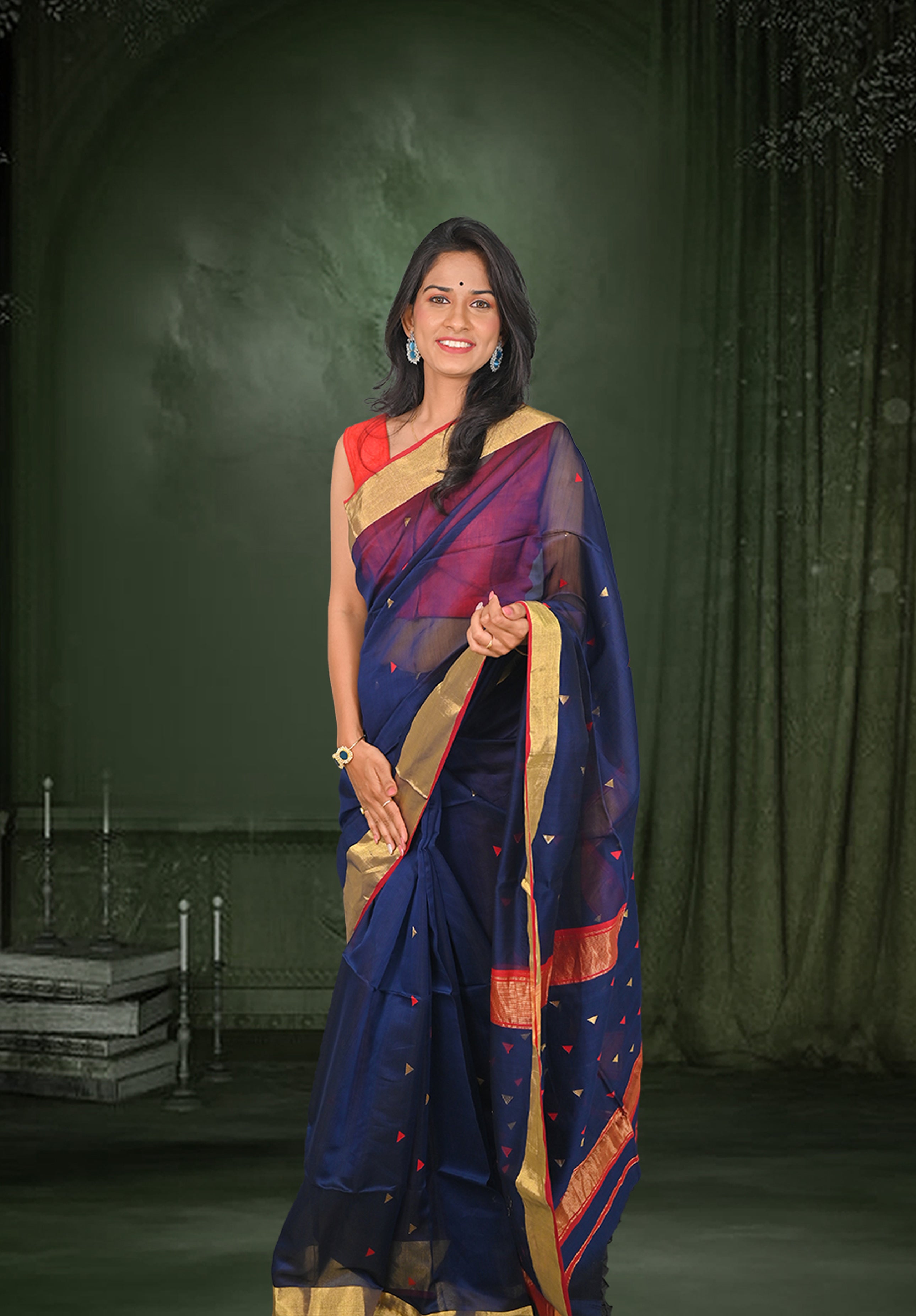 Pure Maheshwari Saree With Blouse Piece – Primary Blue