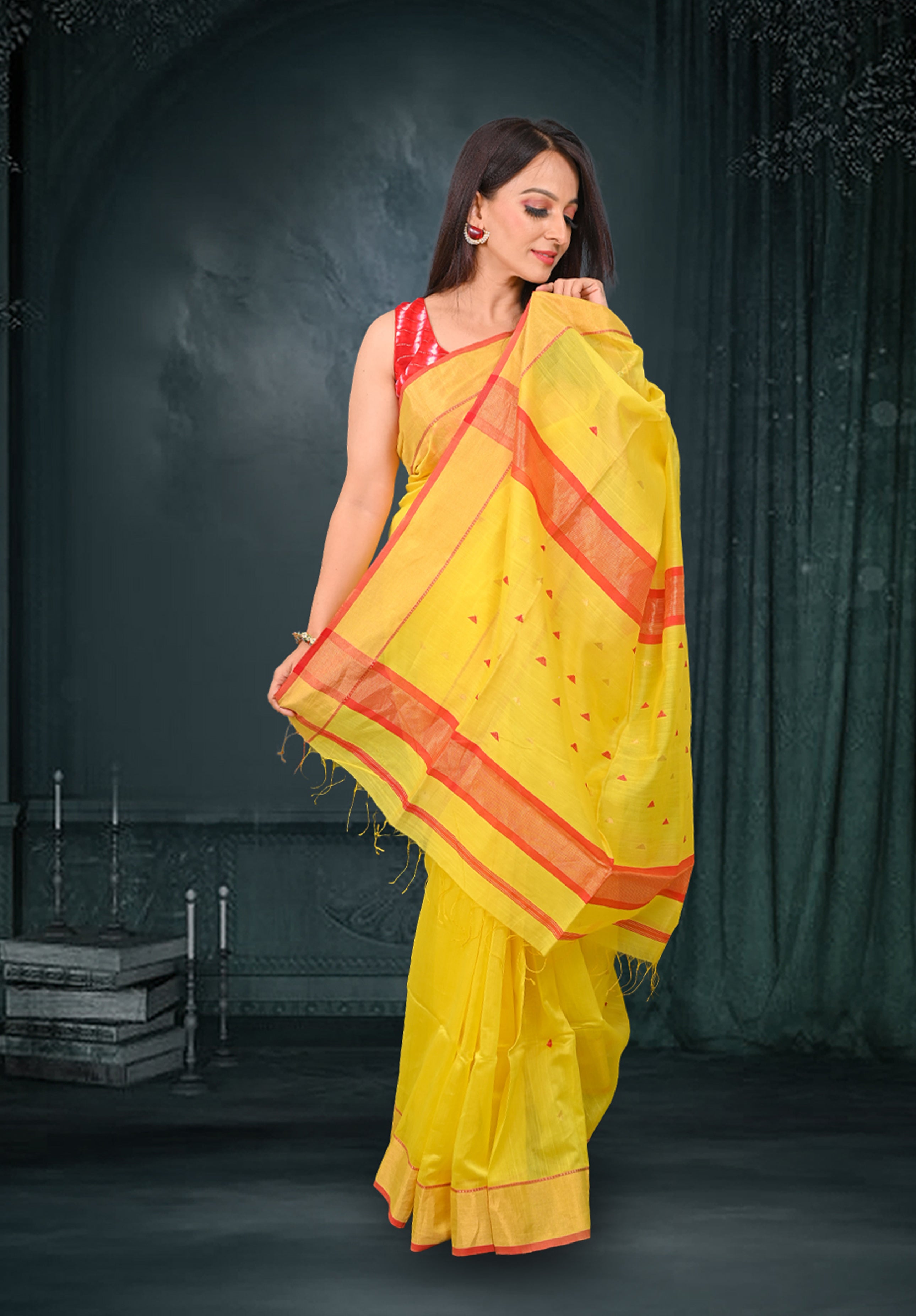 Pure Maheshwari Saree With Blouse Piece – Yellow