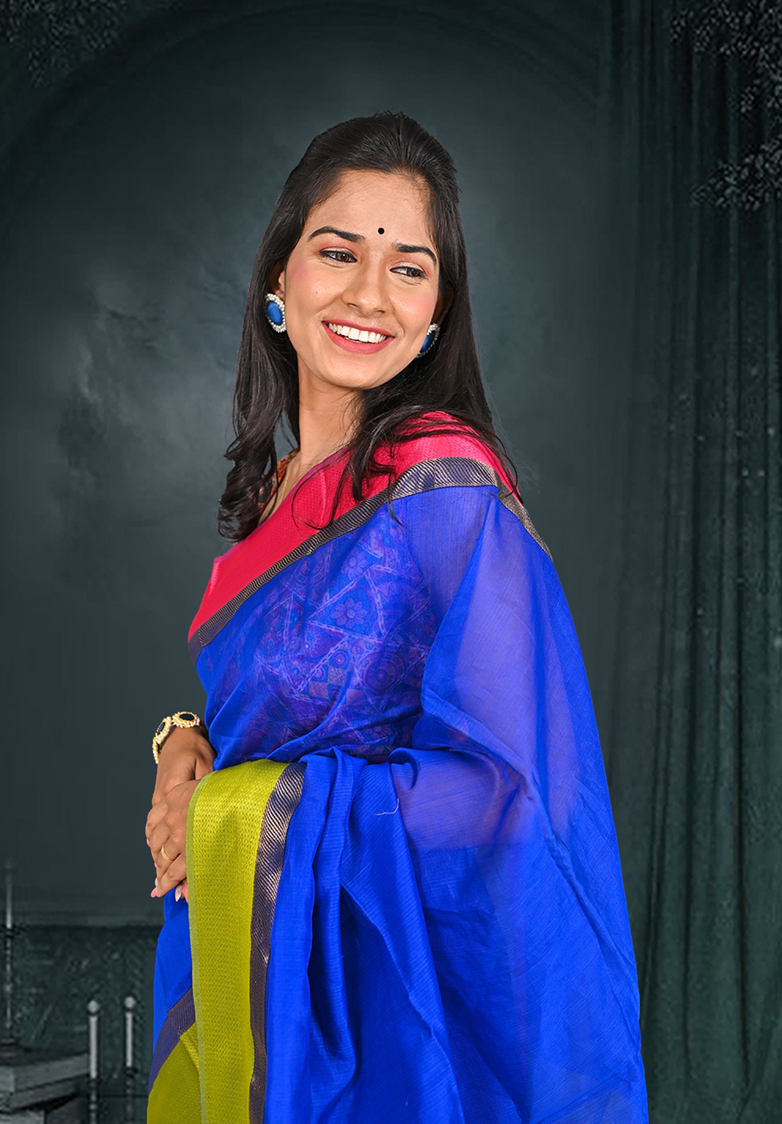 Pure Maheshwari Saree With Blouse Piece – Blue