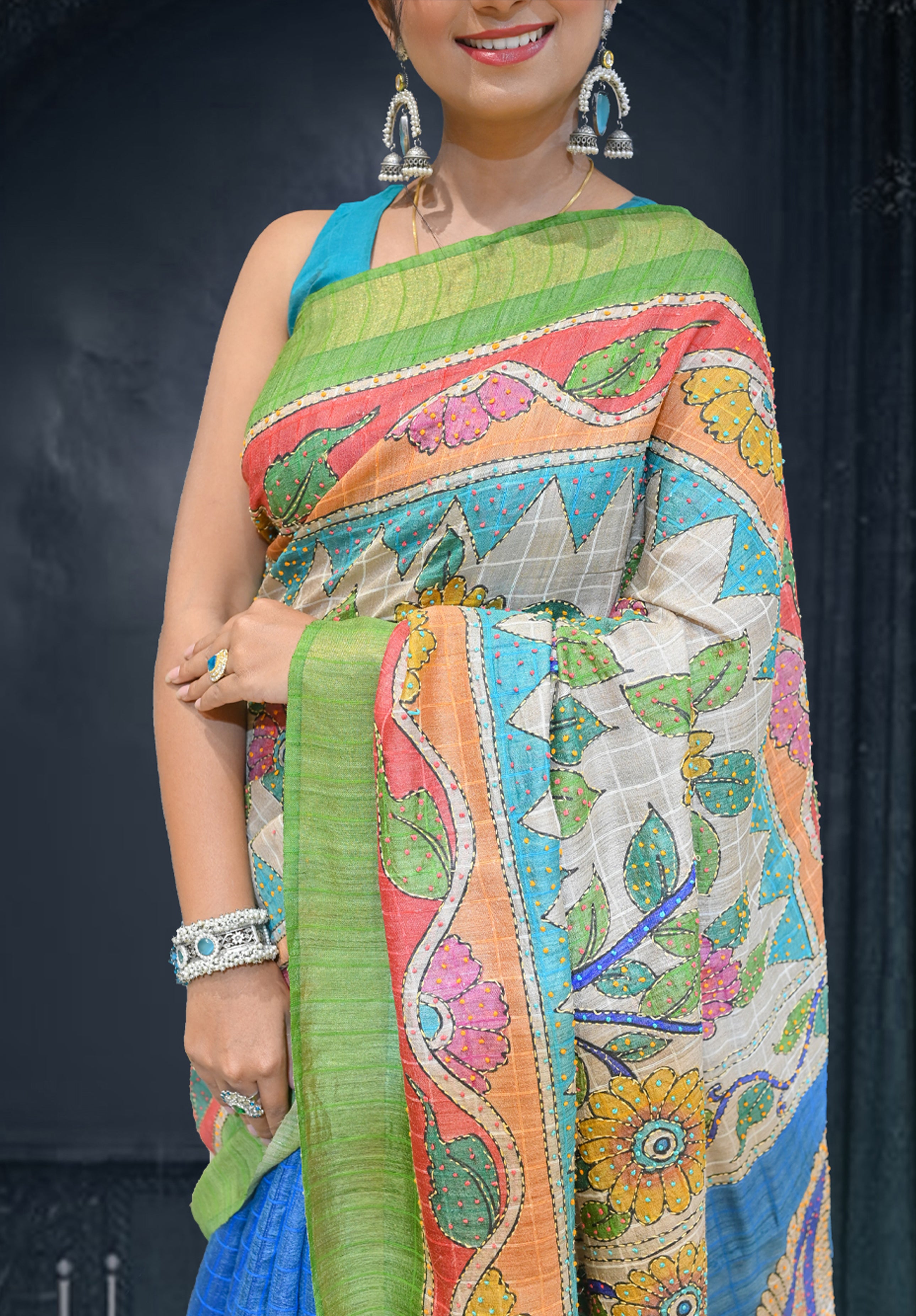 Pure Kantha stich Saree With Blouse Piece – Blue