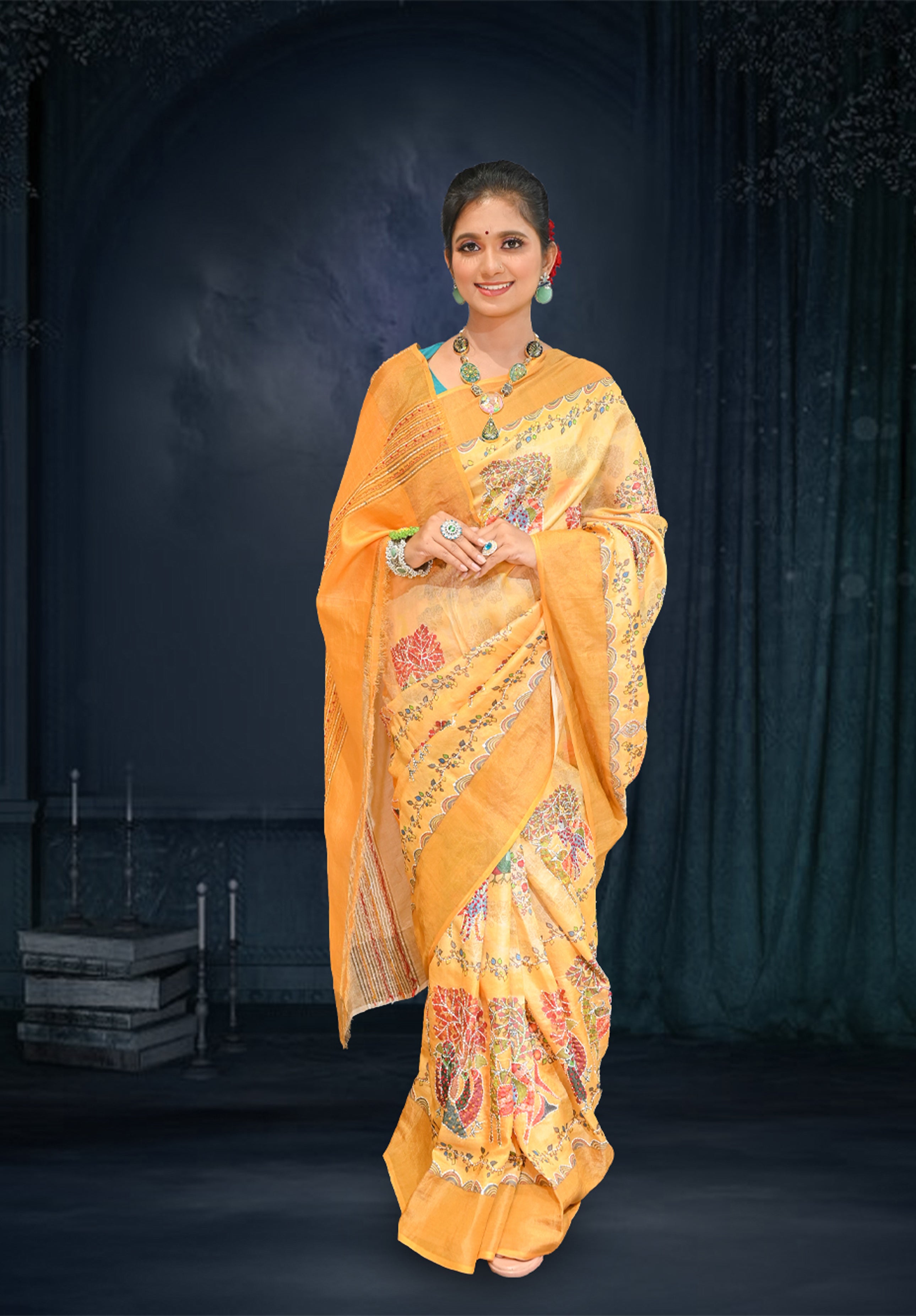 Pure Kantha stich Saree With Blouse Piece – Peach