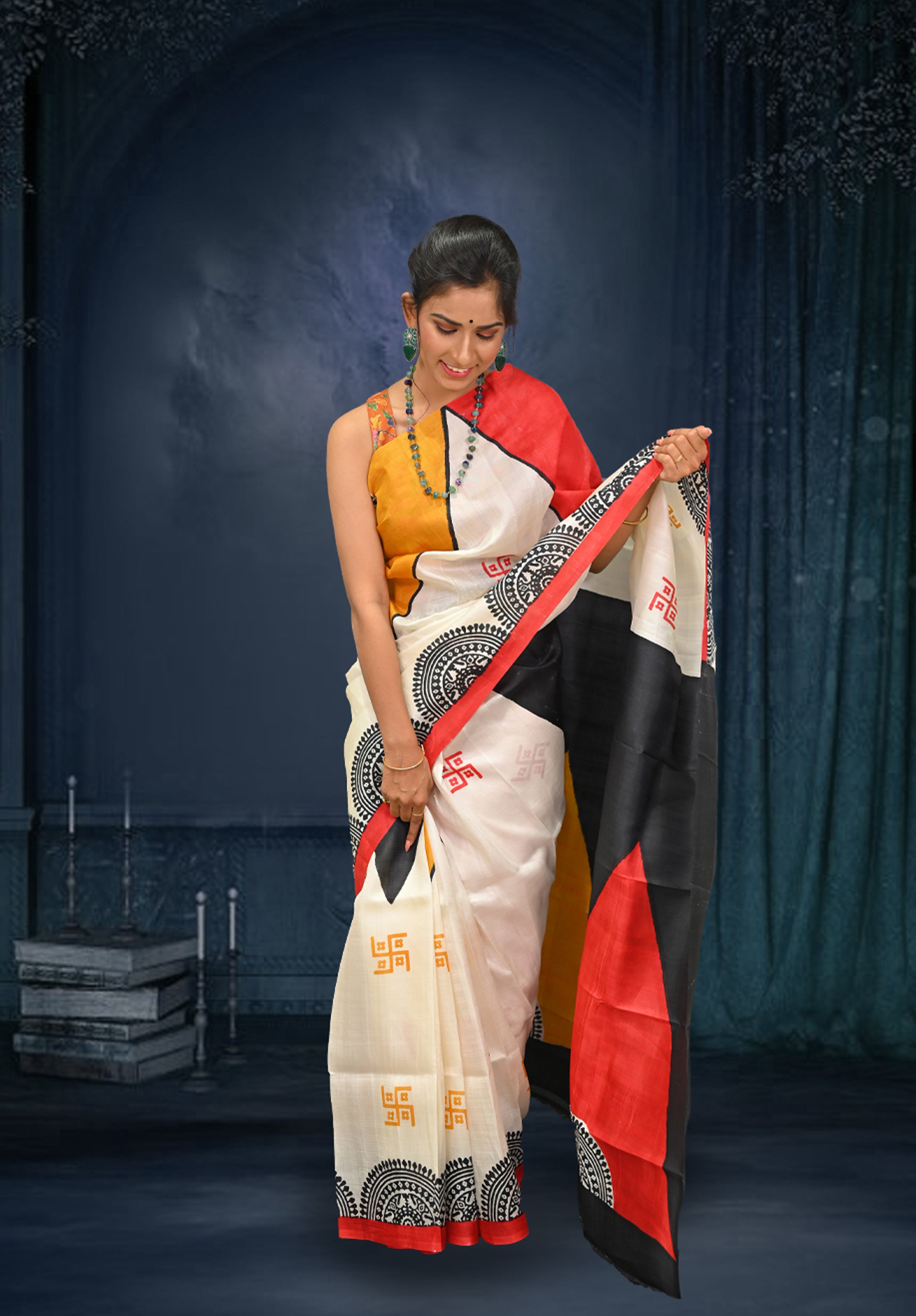 Pure silk handpaint Kalamkari Saree With Blouse Piece – Mustard