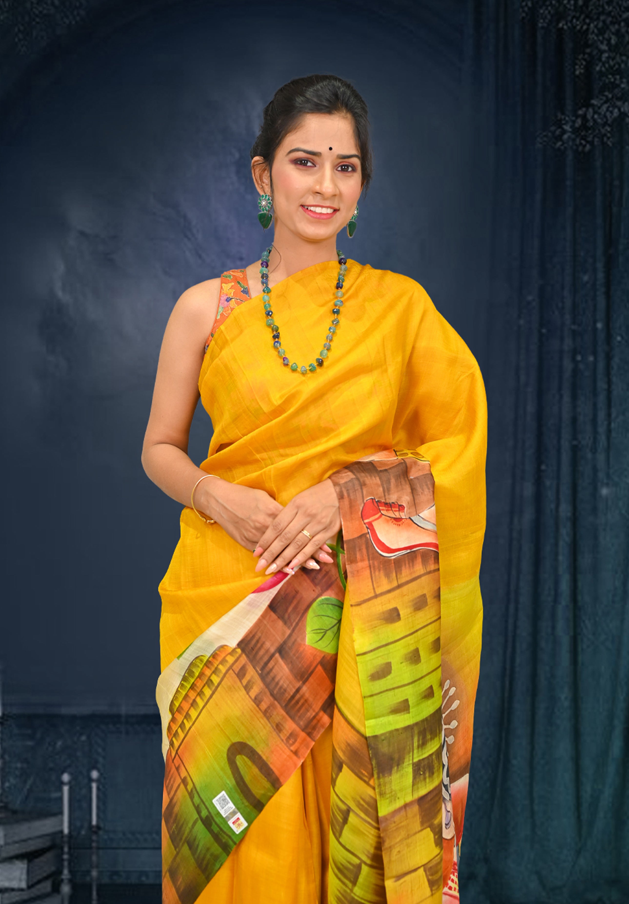 Pure silk handpaint Kalamkari Saree With Blouse Piece – Mustard Yellow