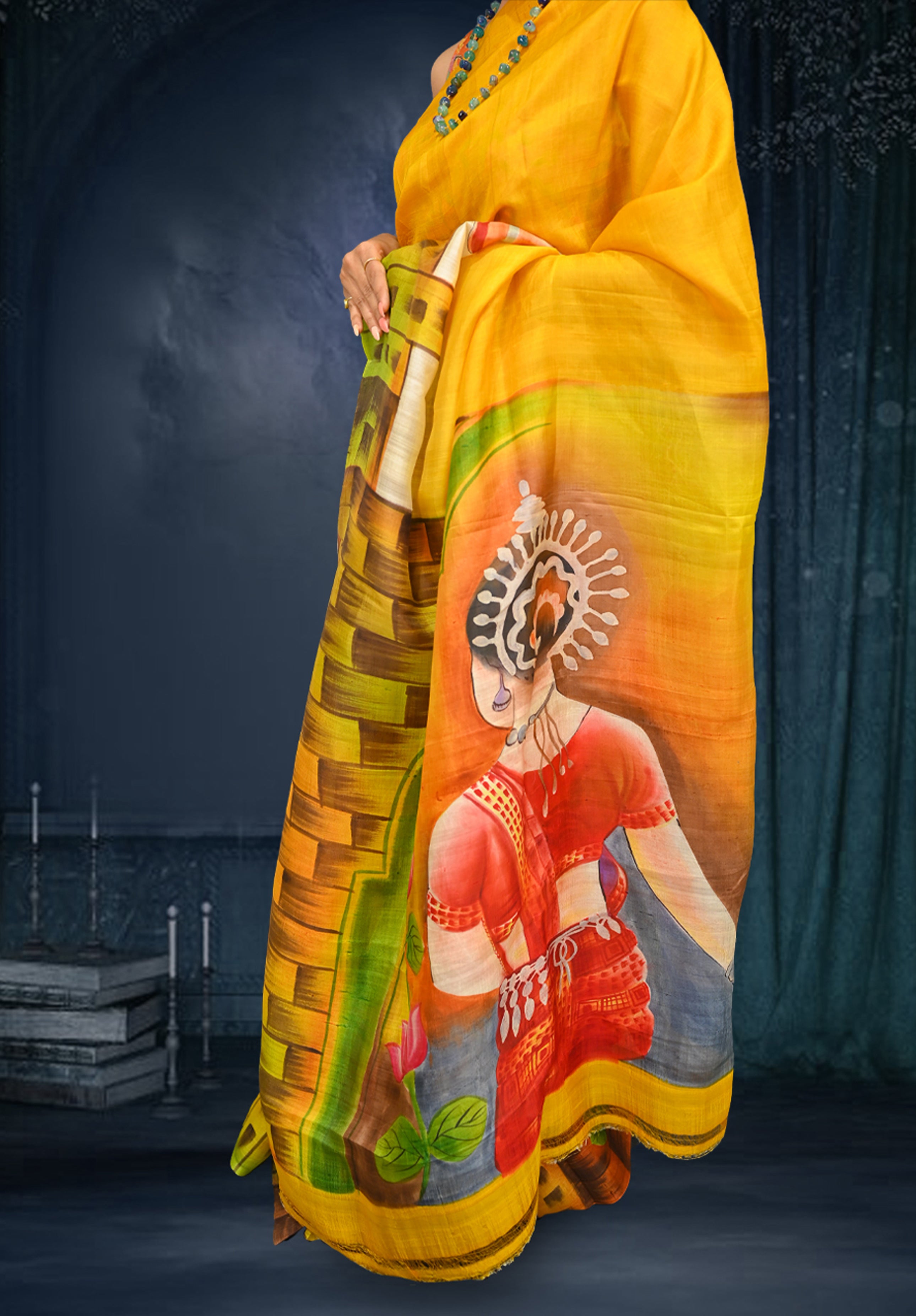 Pure silk handpaint Kalamkari Saree With Blouse Piece – Mustard Yellow