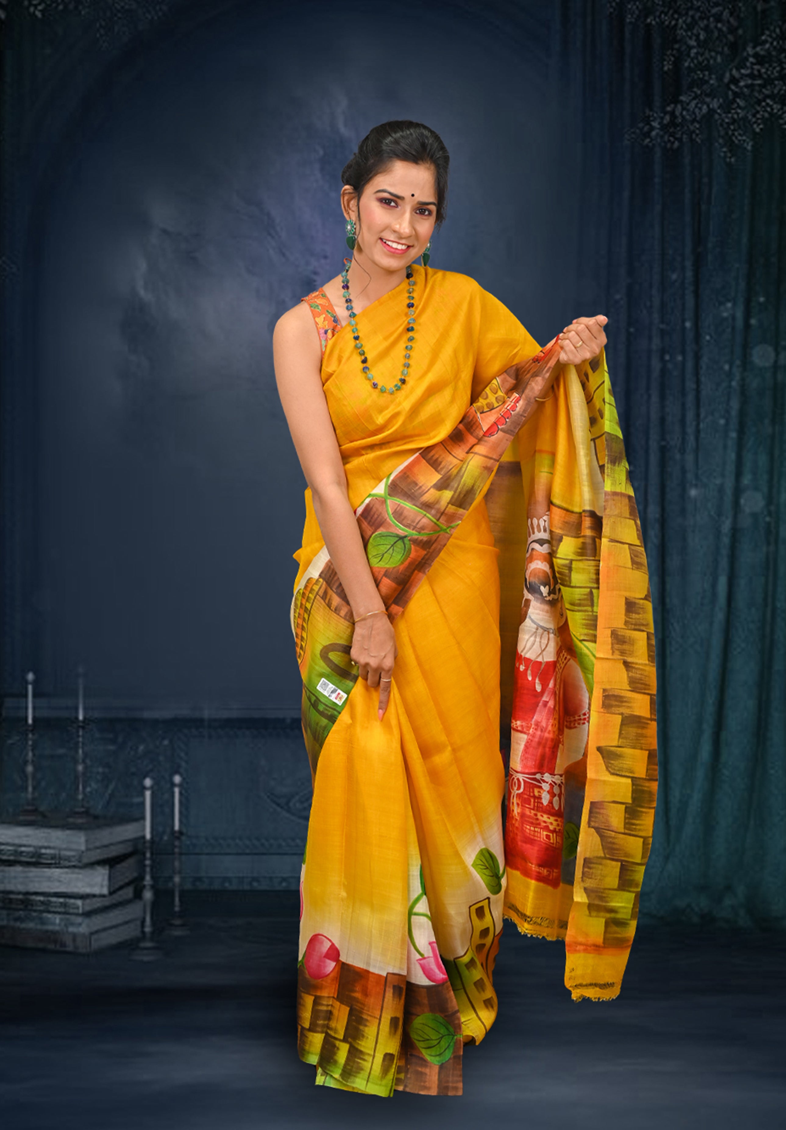 Pure silk handpaint Kalamkari Saree With Blouse Piece – Mustard Yellow