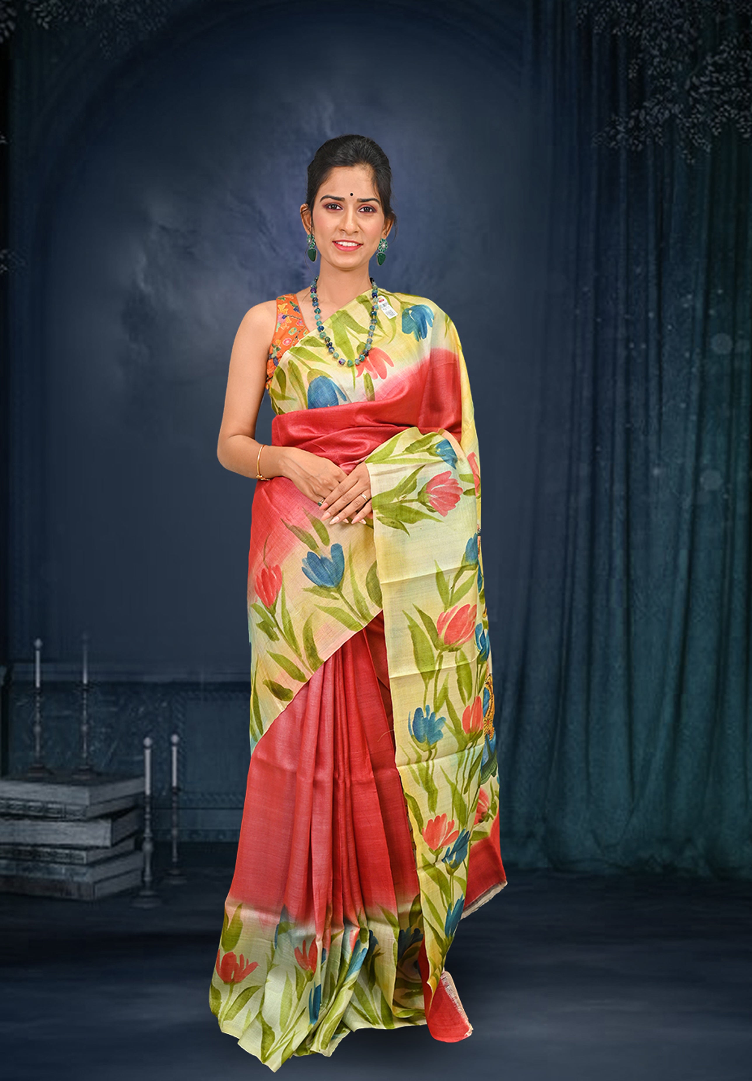 Pure silk handpaint Kalamkari Saree With Blouse Piece – Dark Maroon