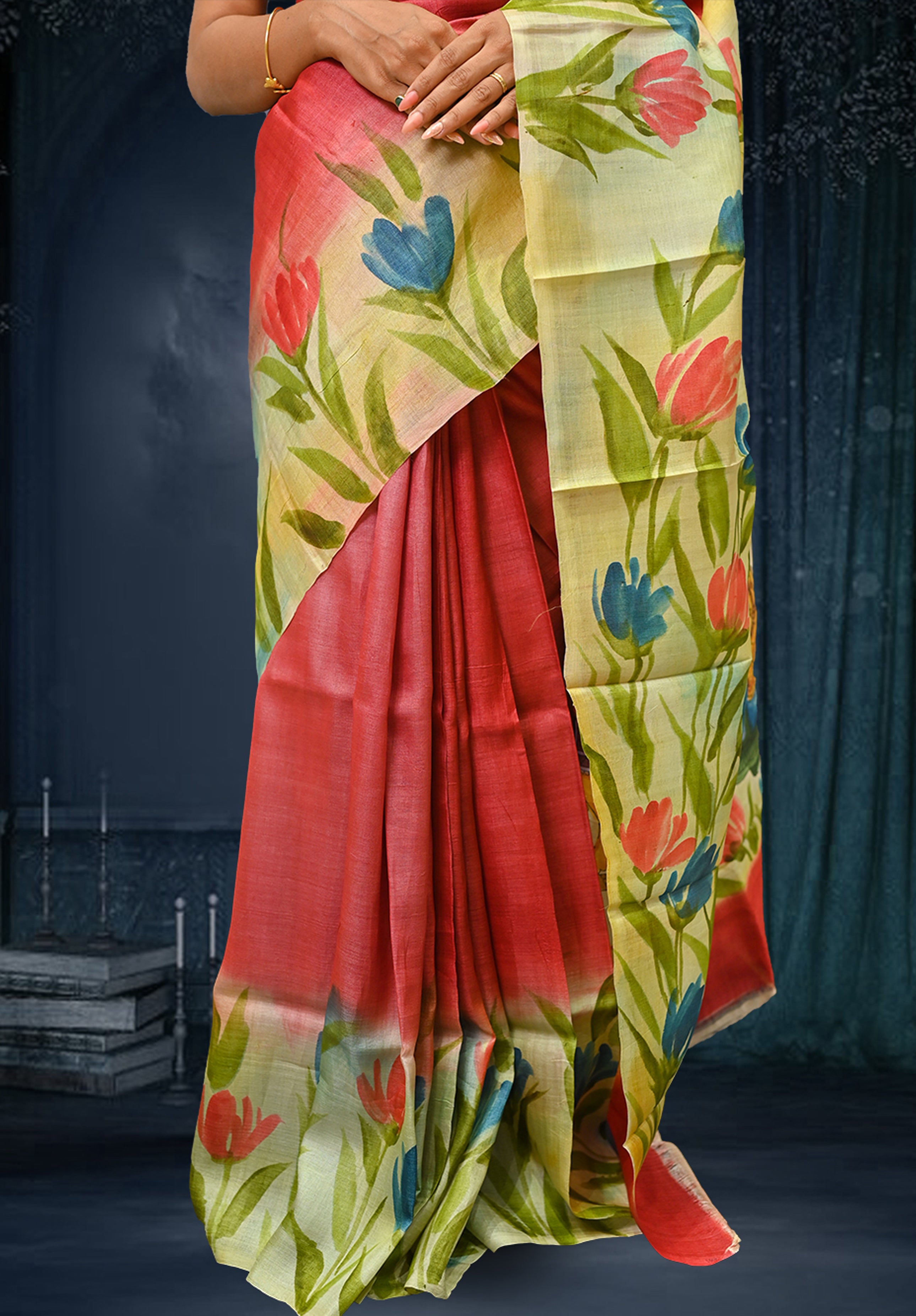 Pure silk handpaint Kalamkari Saree With Blouse Piece – Dark Maroon