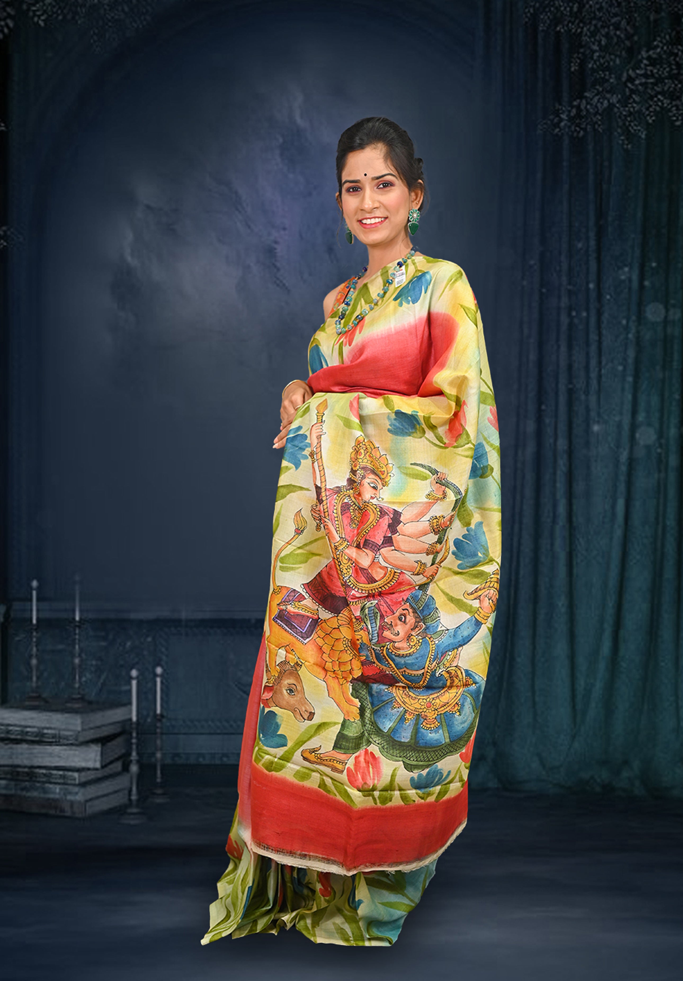 Pure silk handpaint Kalamkari Saree With Blouse Piece – Dark Maroon
