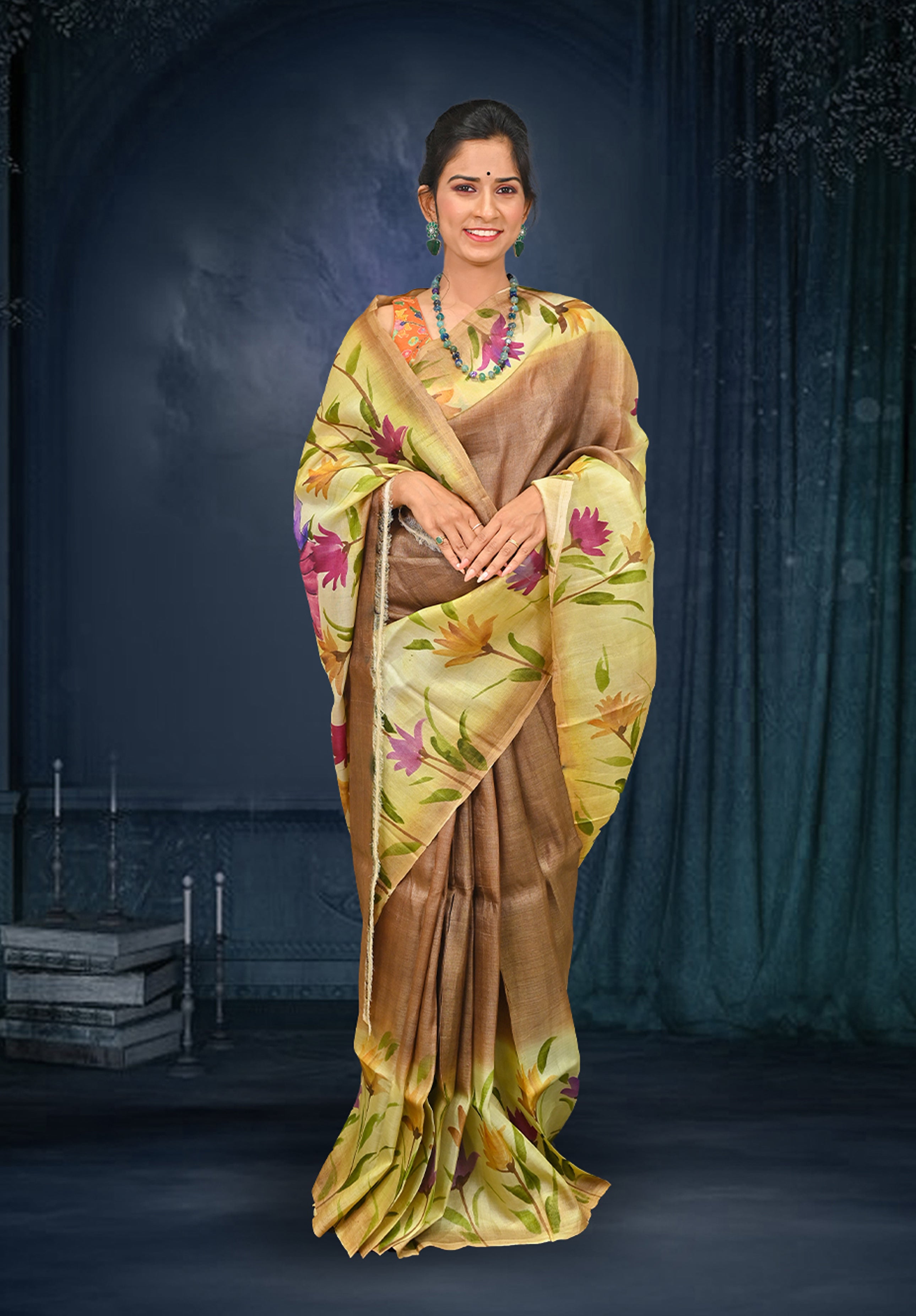 Pure silk handpaint Kalamkari Saree With Blouse Piece – Coffee
