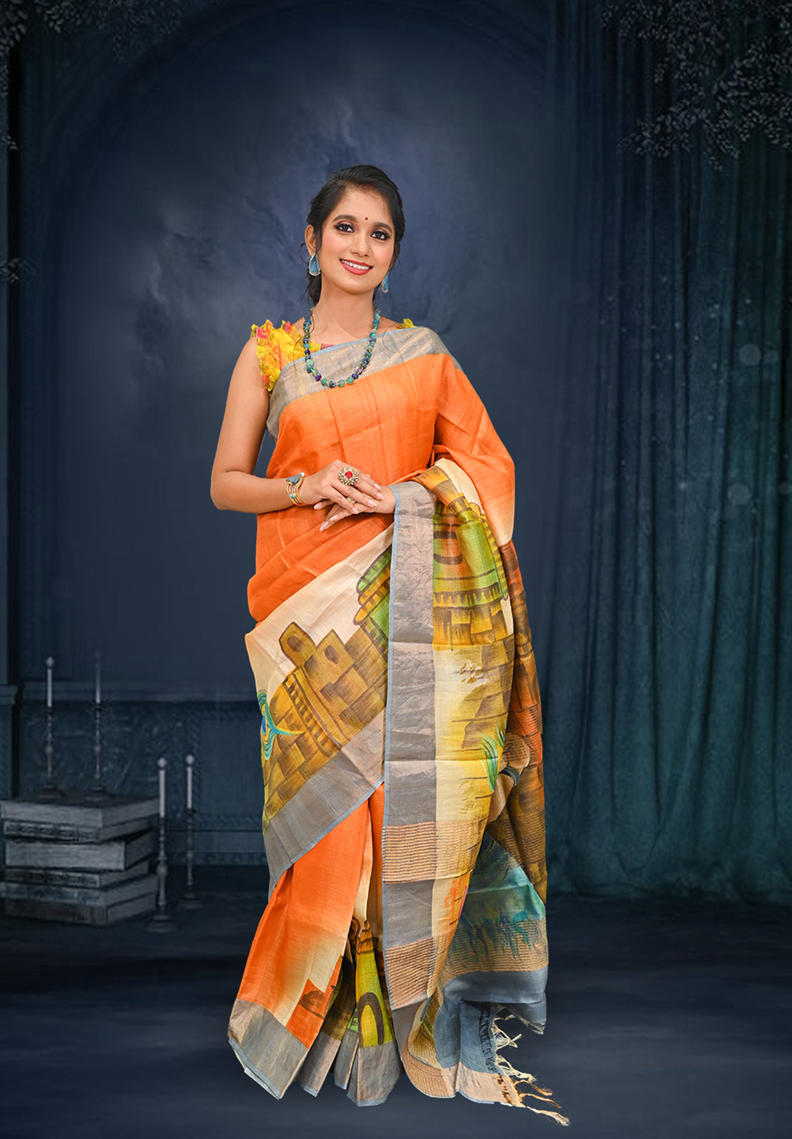 Pure silk handpaint Kalamkari Saree With Blouse Piece – Light Mustard