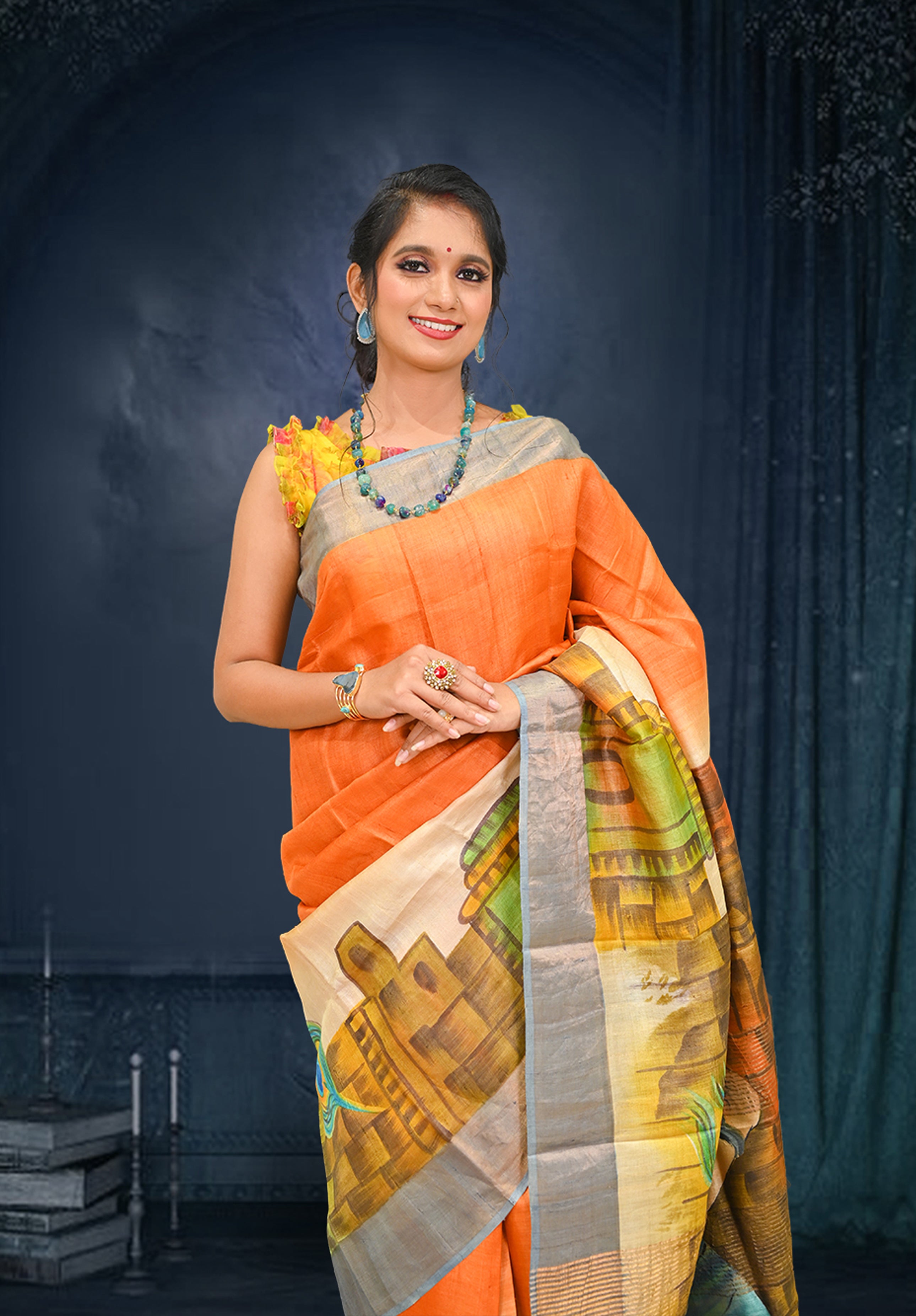 Pure silk handpaint Kalamkari Saree With Blouse Piece – Light Mustard