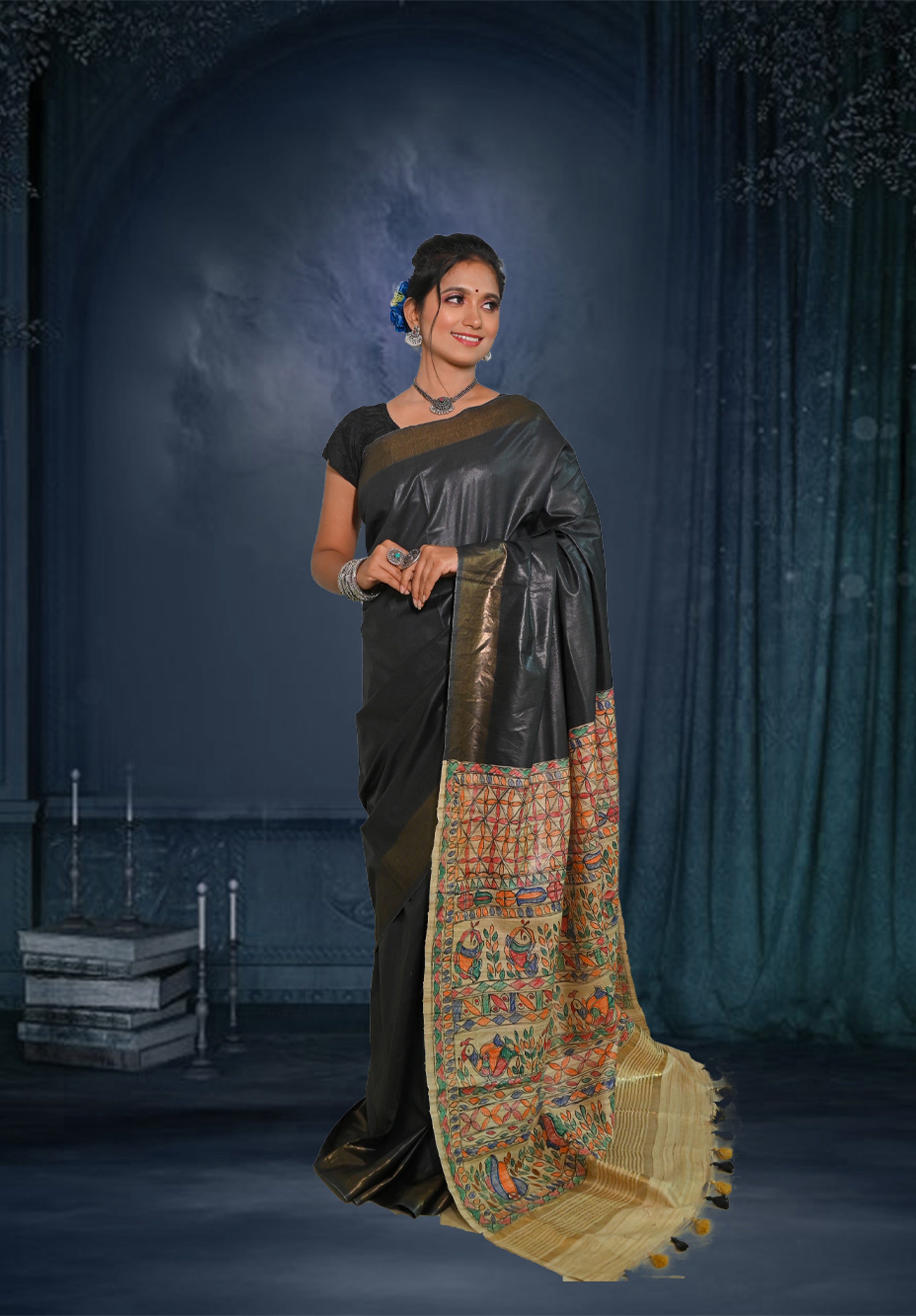 Pure Madhubani Saree With Blouse Piece – Black