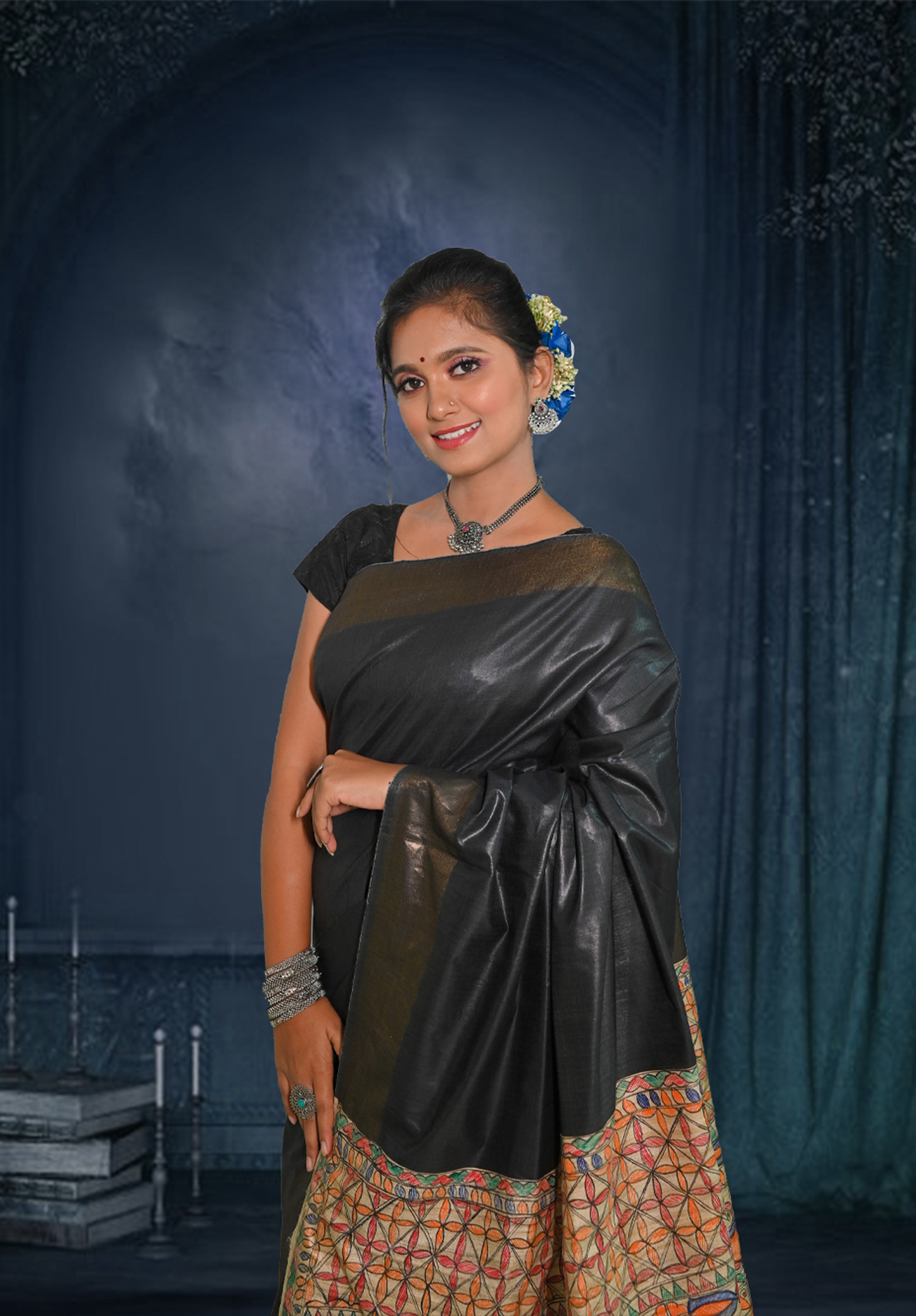 Pure Madhubani Saree With Blouse Piece – Black