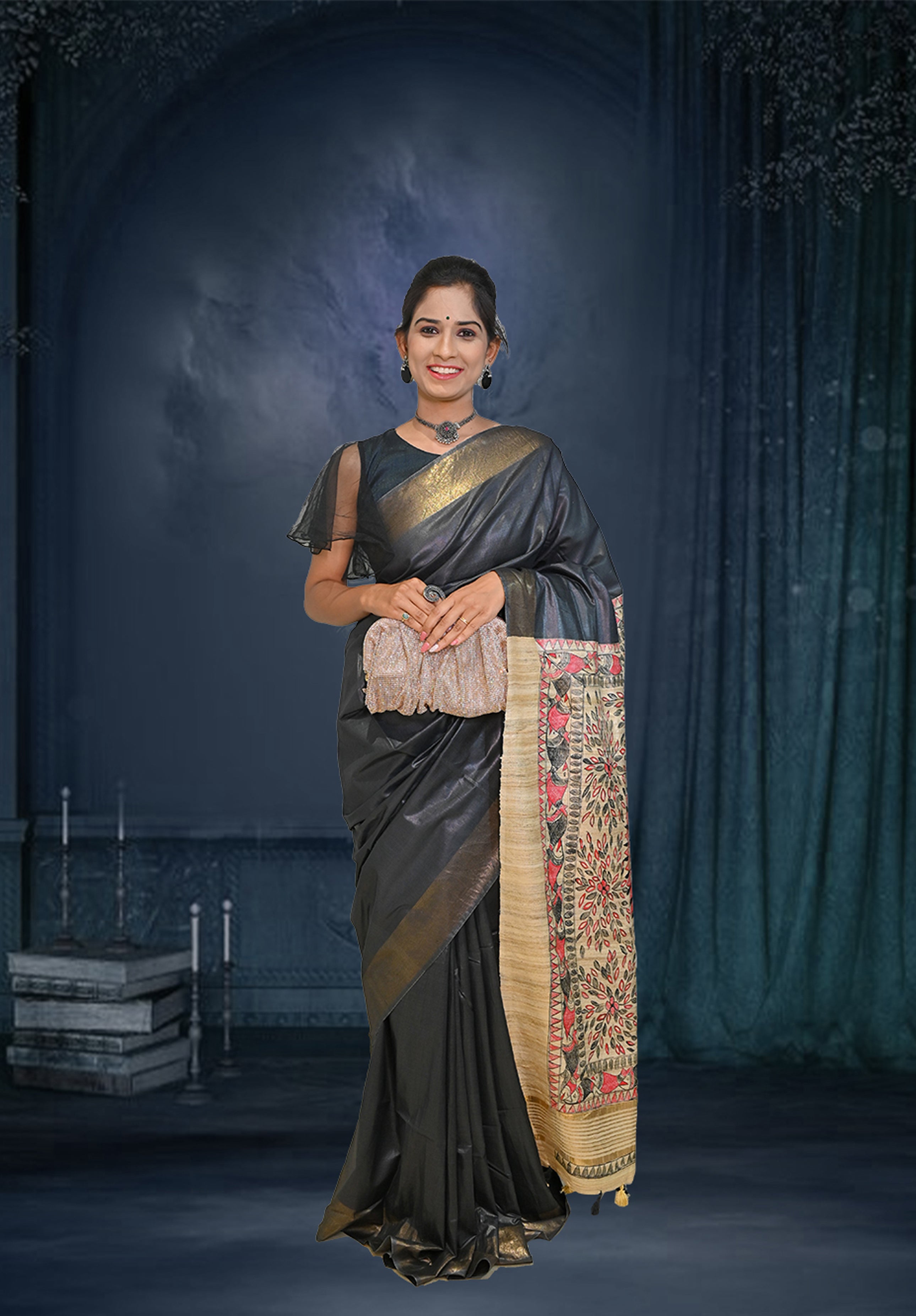 Pure Madhubani Saree With Blouse Piece – Black
