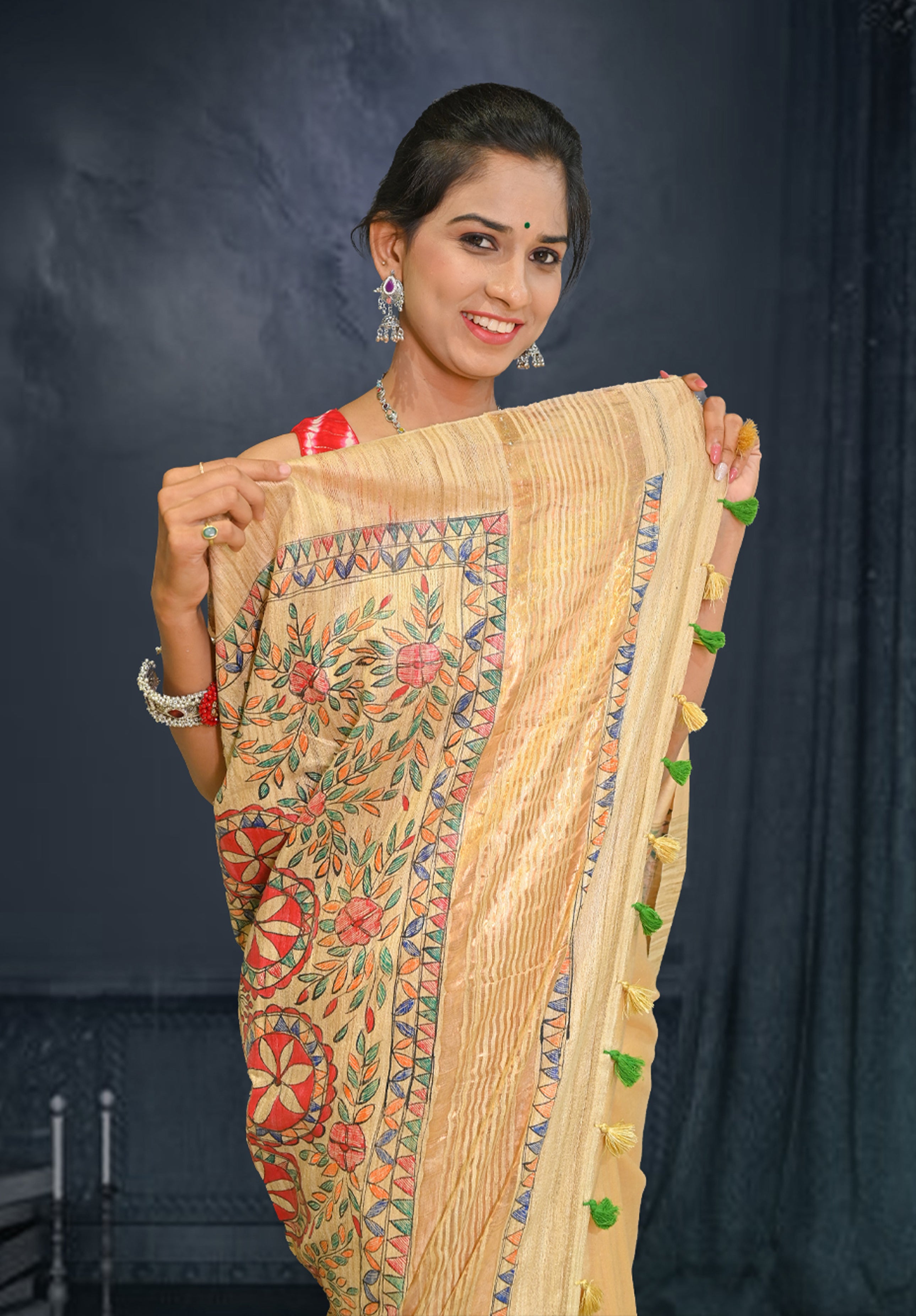 Pure Madhubani Saree With Blouse Piece – Cream