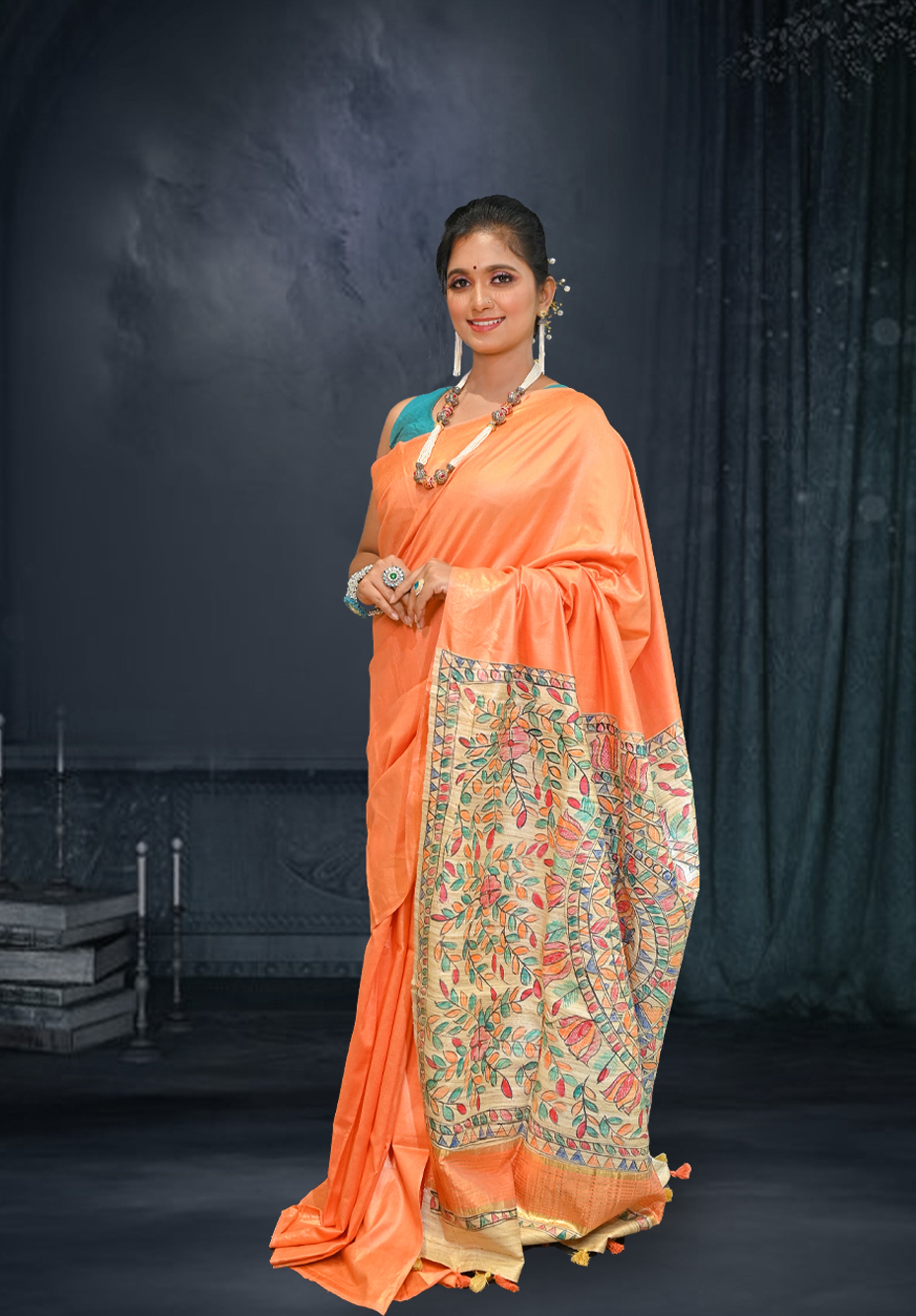 Pure Madhubani Saree With Blouse Piece – Orange