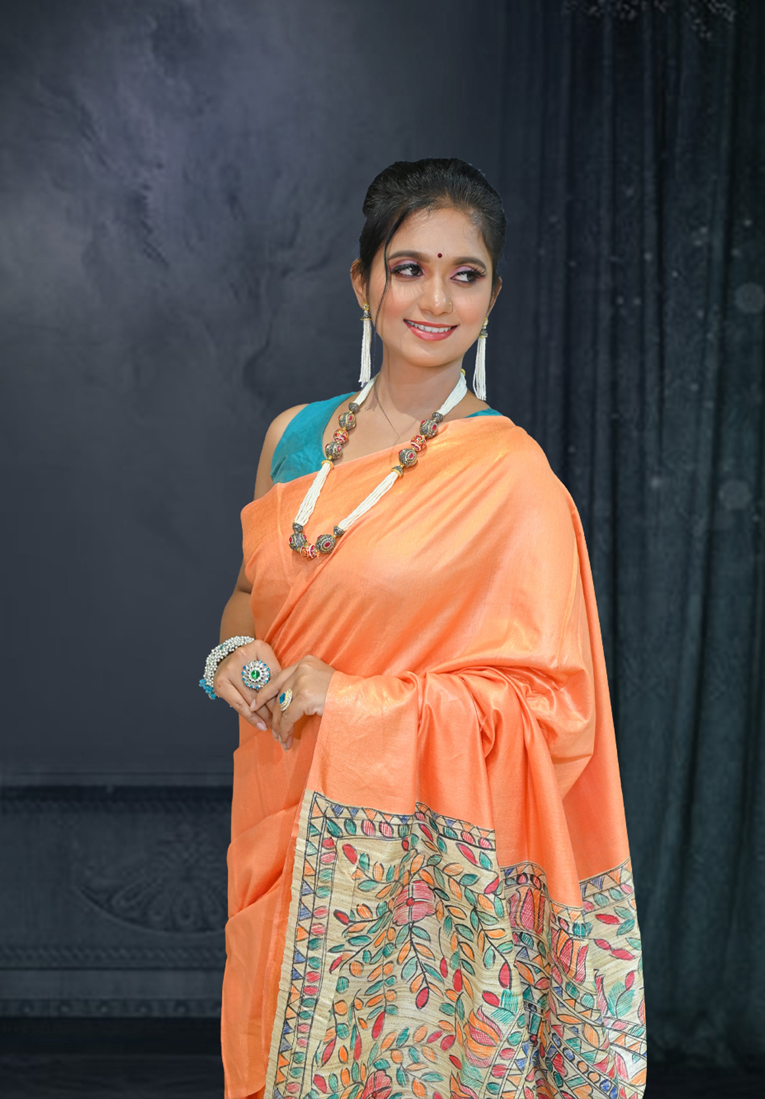 Pure Madhubani Saree With Blouse Piece – Orange