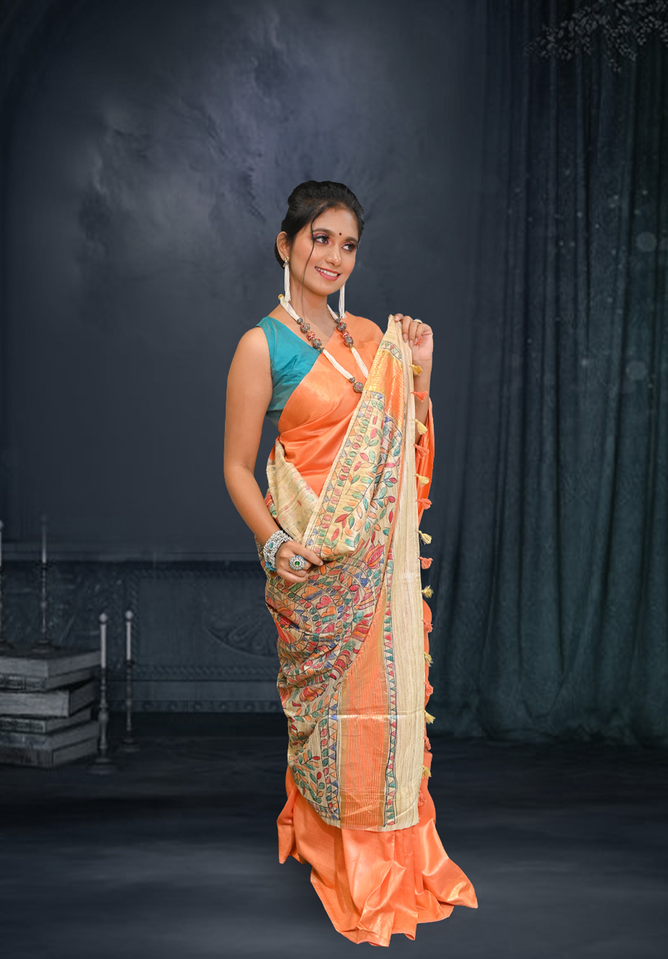 Pure Madhubani Saree With Blouse Piece – Orange