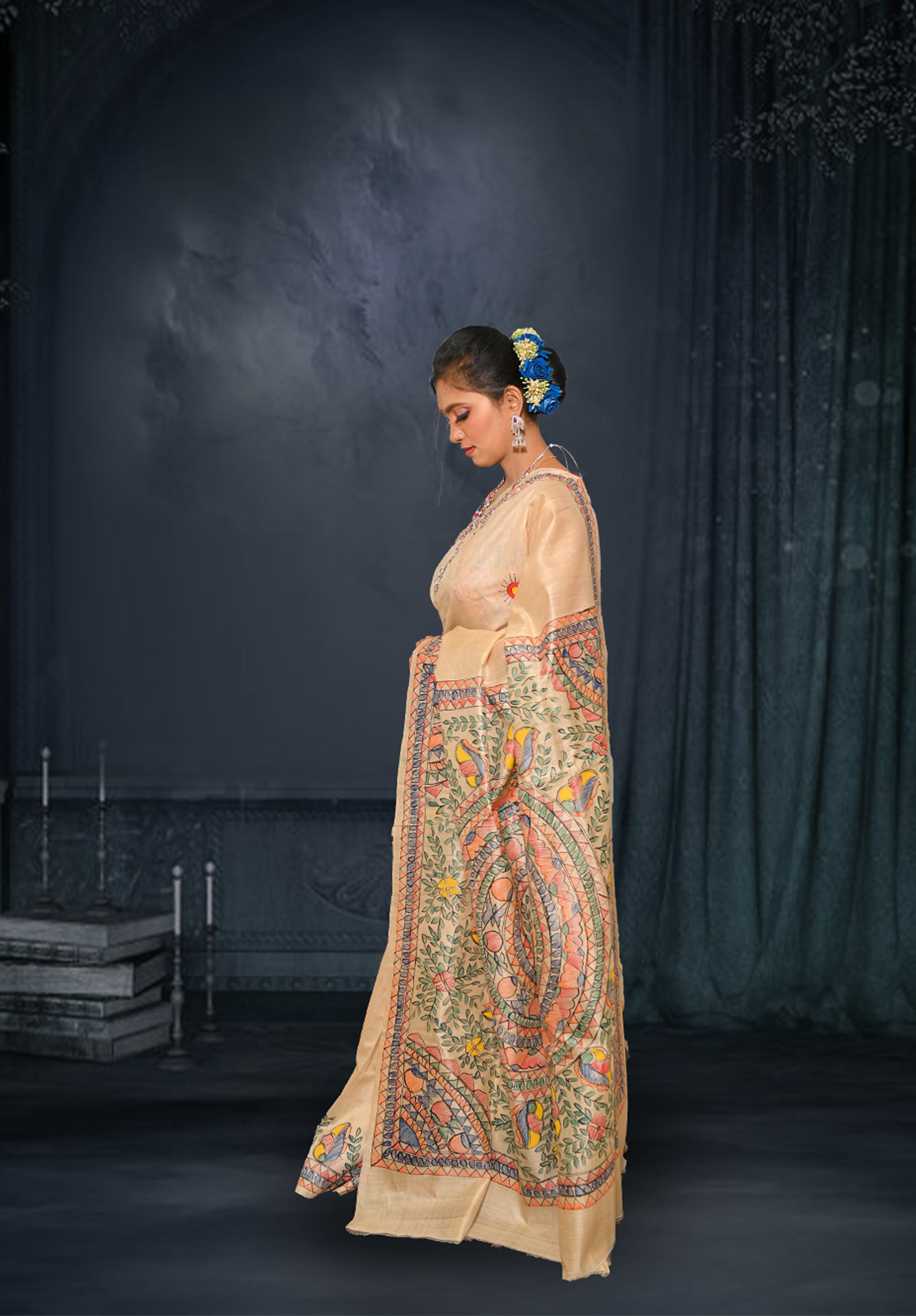 Pure Madhubani Saree With Blouse Piece – Cream