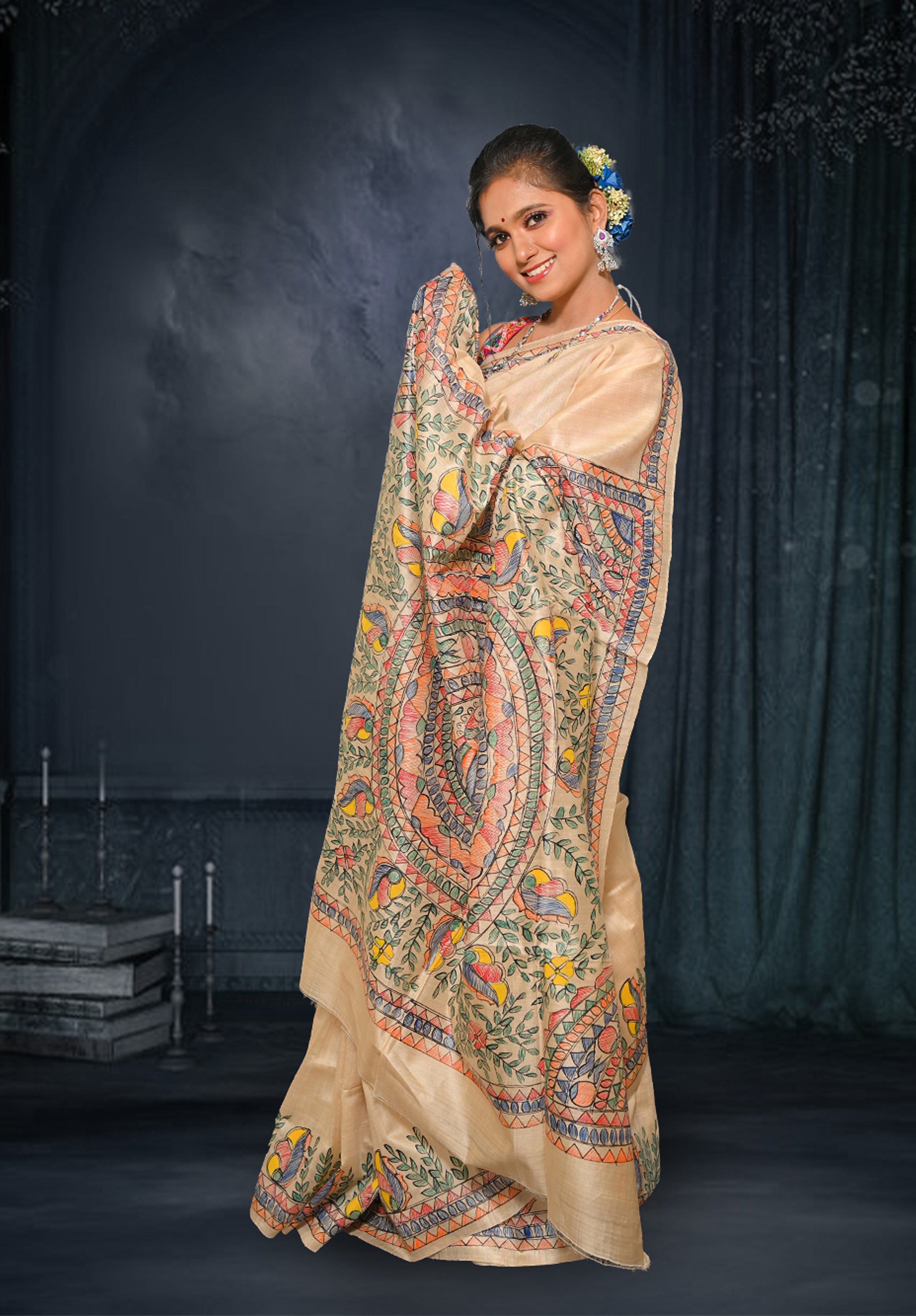 Pure Madhubani Saree With Blouse Piece – Cream
