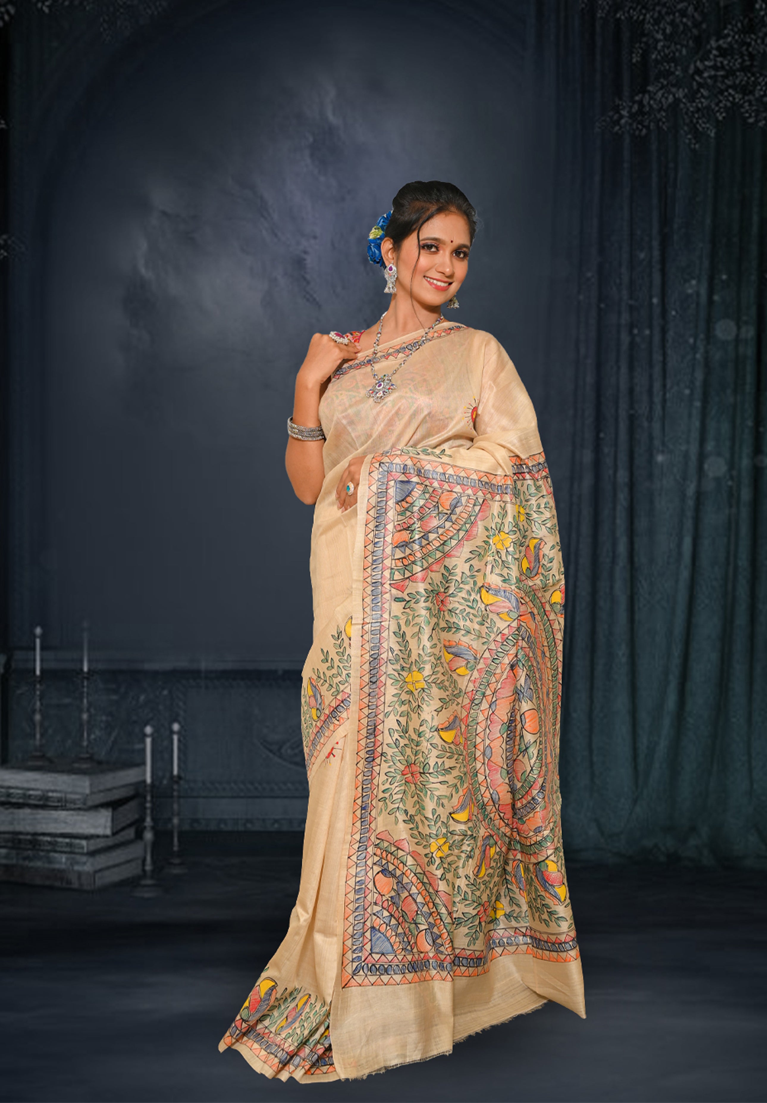 Pure Madhubani Saree With Blouse Piece – Cream
