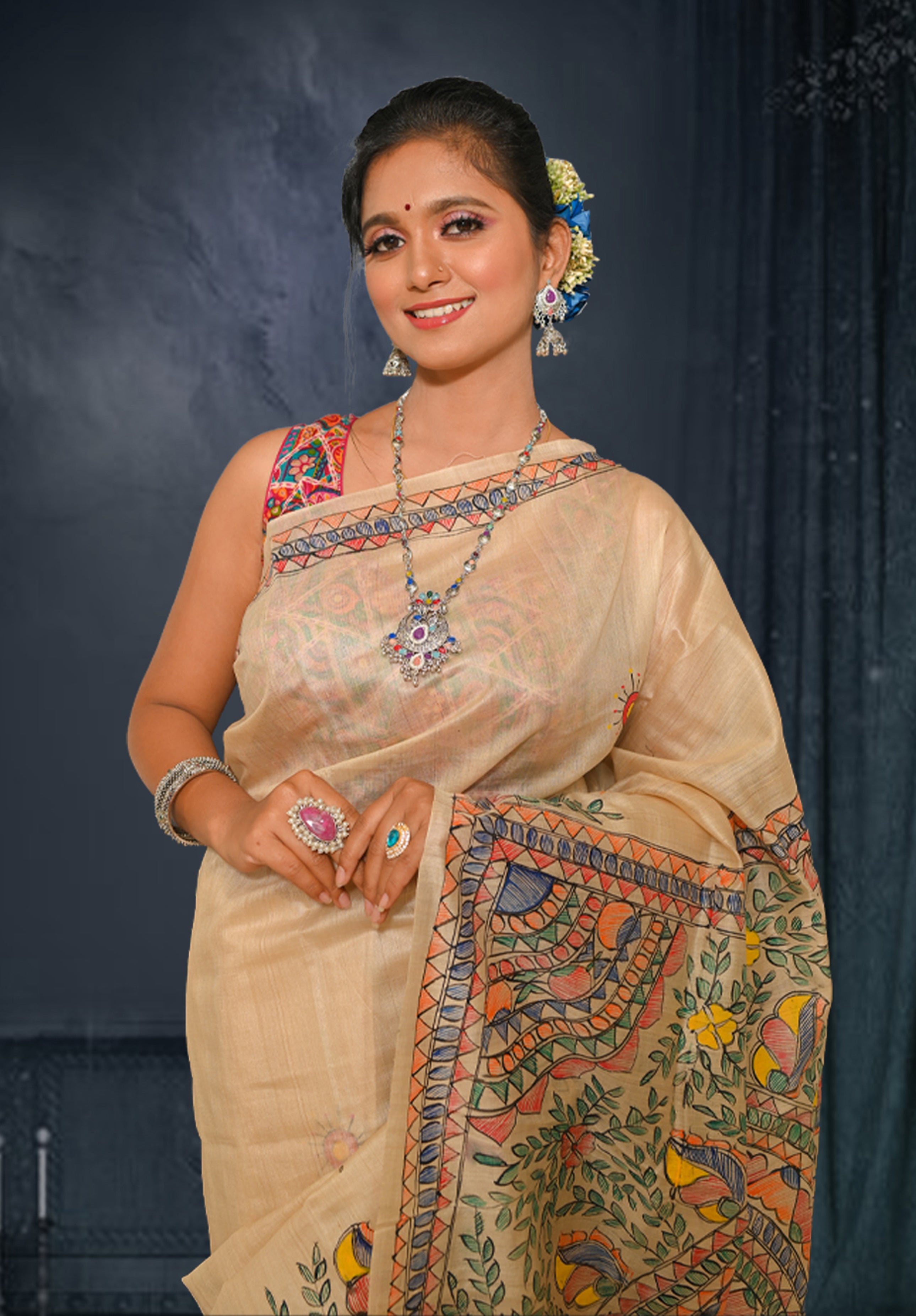 Pure Madhubani Saree With Blouse Piece – Cream