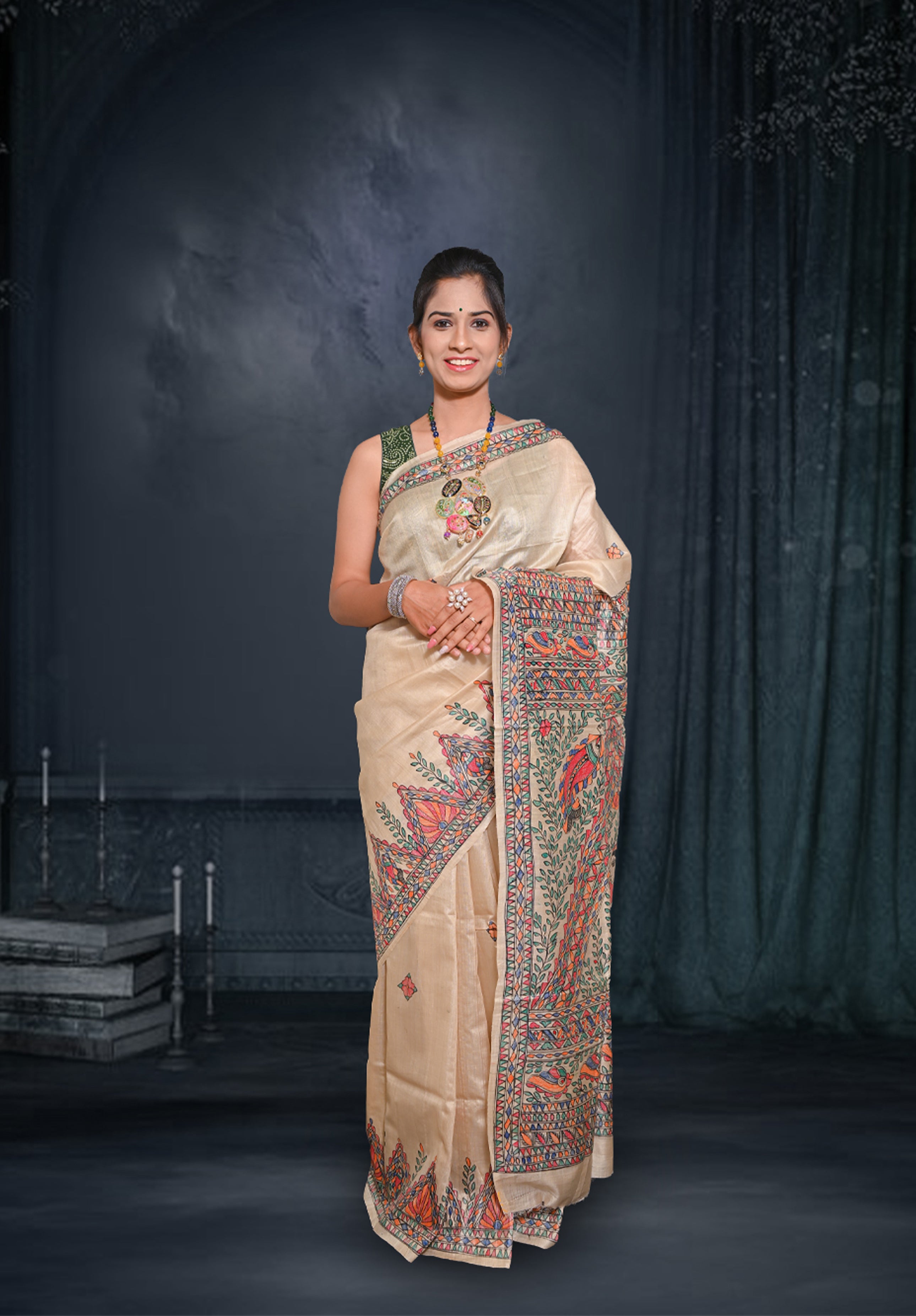 Pure Madhubani Saree With Blouse Piece – Cream