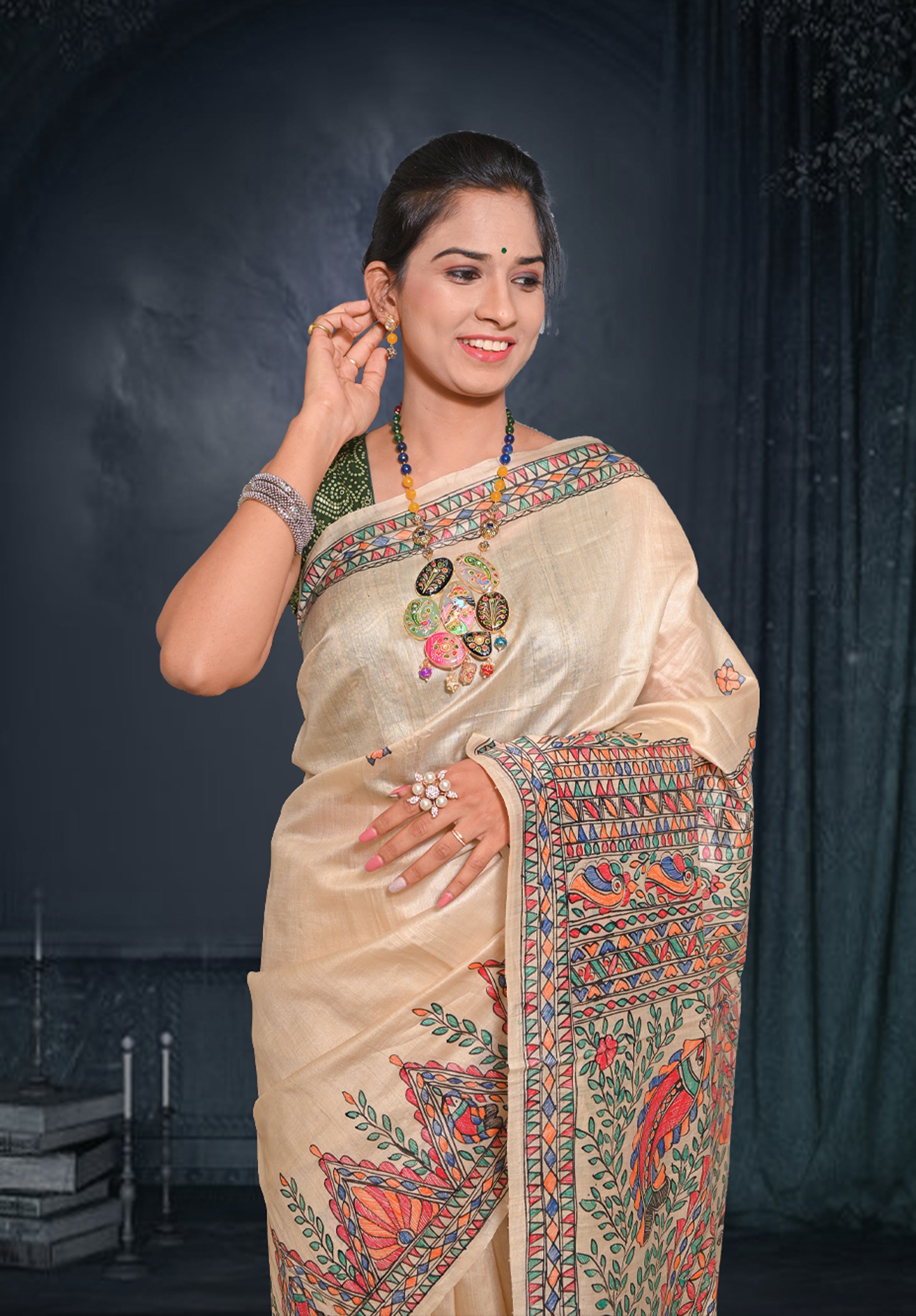 Pure Madhubani Saree With Blouse Piece – Cream