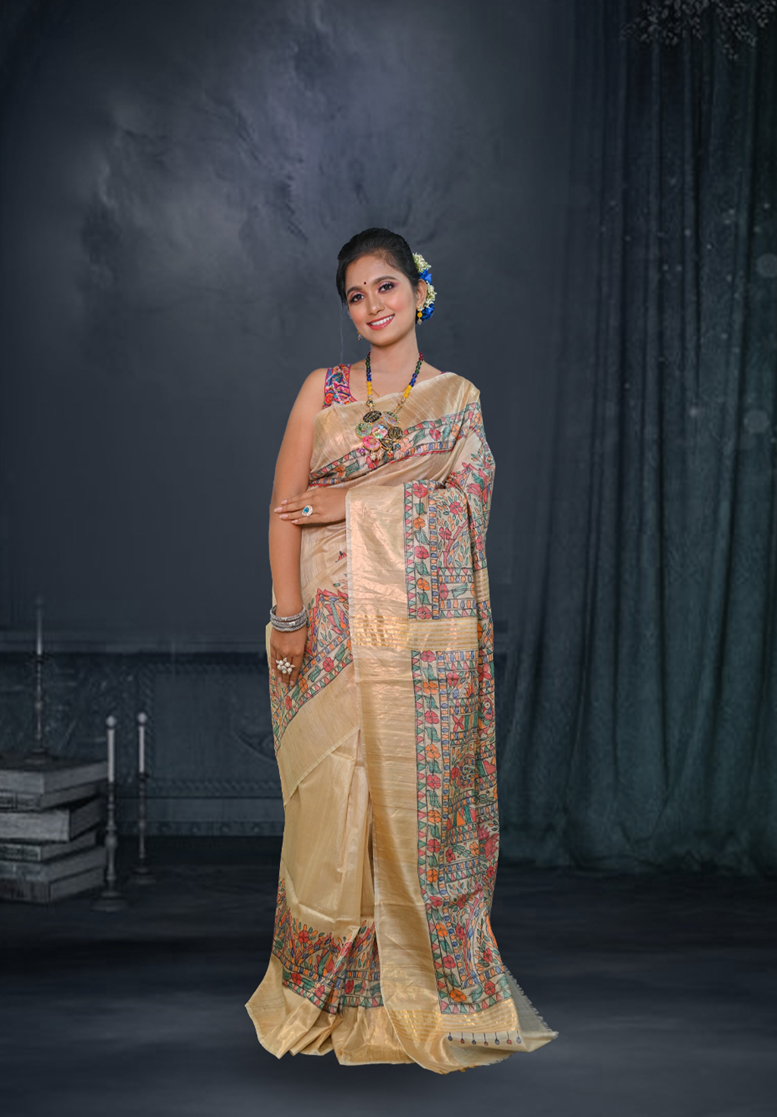 Pure Madhubani Saree With Blouse Piece – Cream