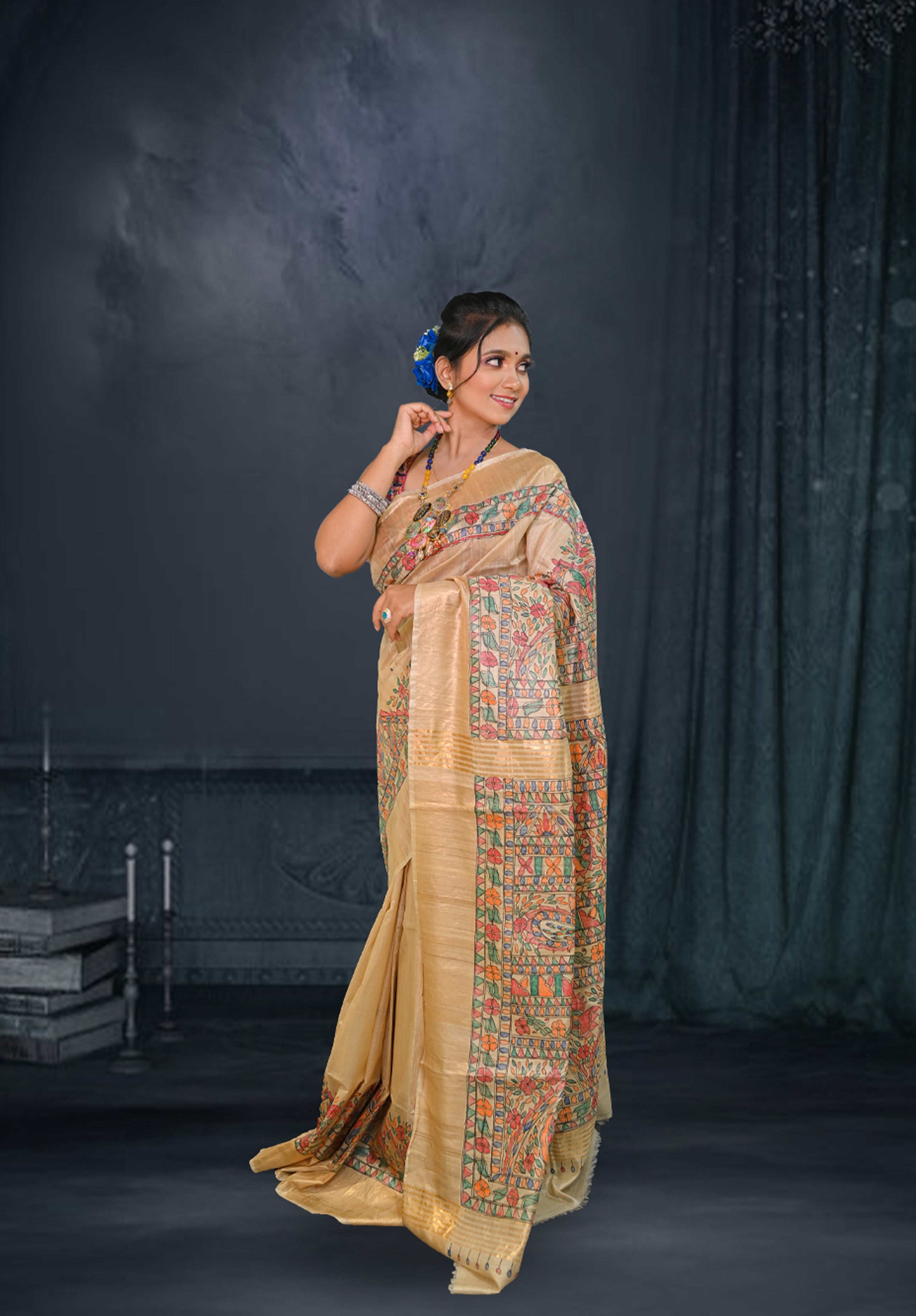 Pure Madhubani Saree With Blouse Piece – Cream