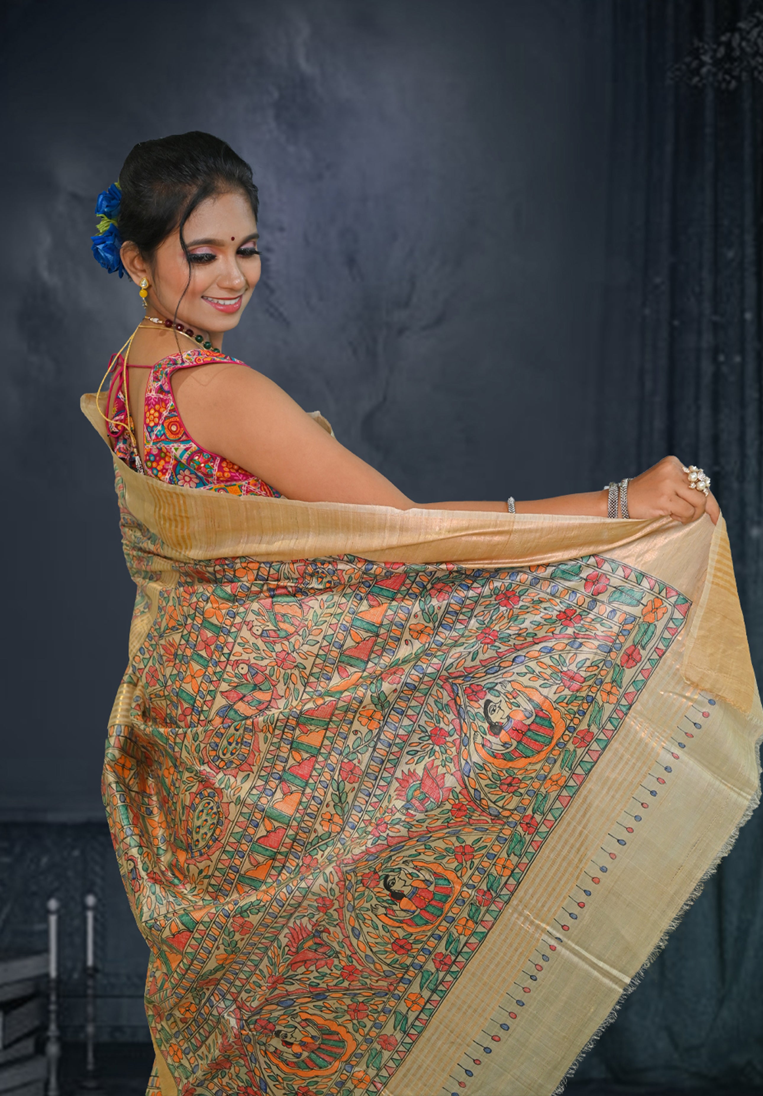Pure Madhubani Saree With Blouse Piece – Cream