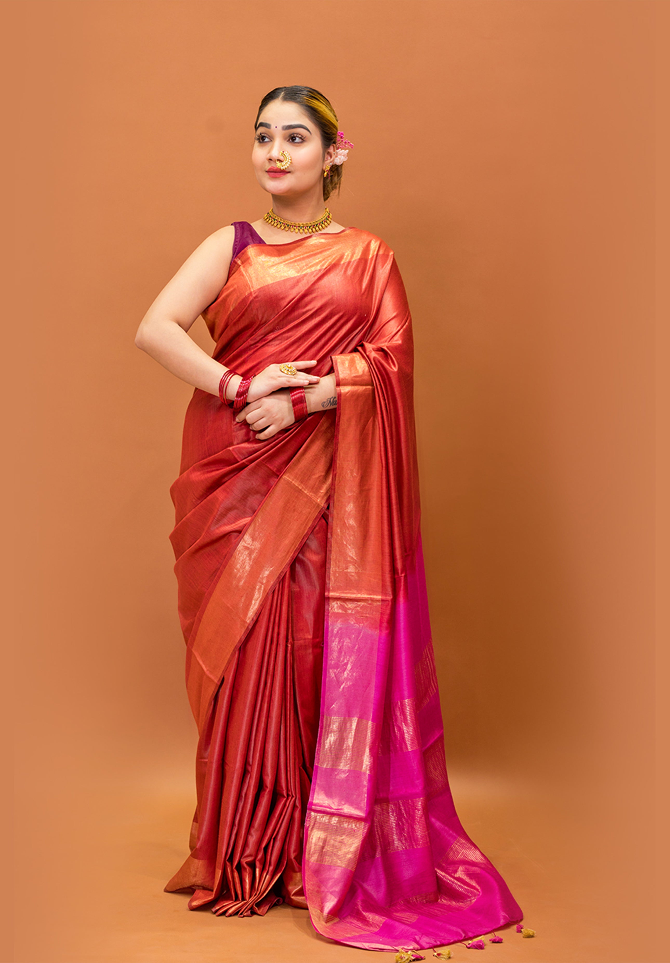 Women’s Woven Design Pure Muga Silk Saree With Blouse Piece- Coffee Maroon