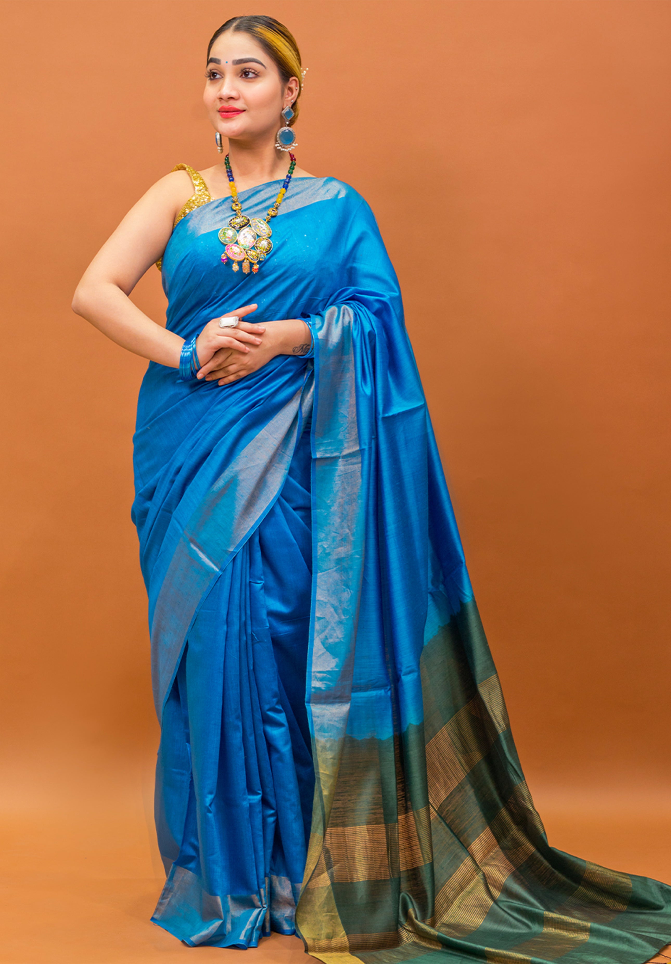 Women’s Woven Design Pure Muga Silk Saree With Blouse Piece- Blue