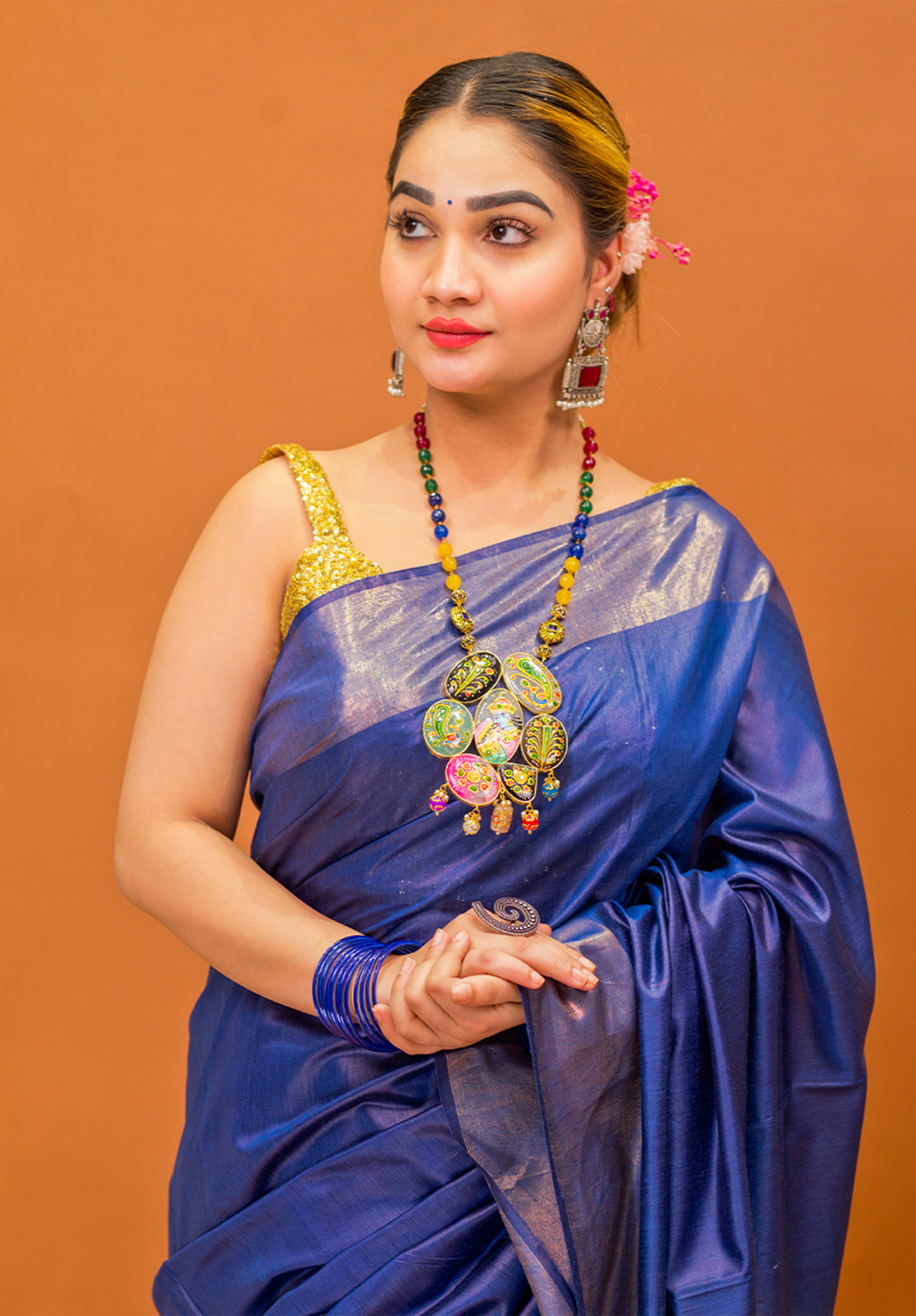 Women’s Woven Design Pure Muga Silk Saree With Blouse Piece- Royal Blue