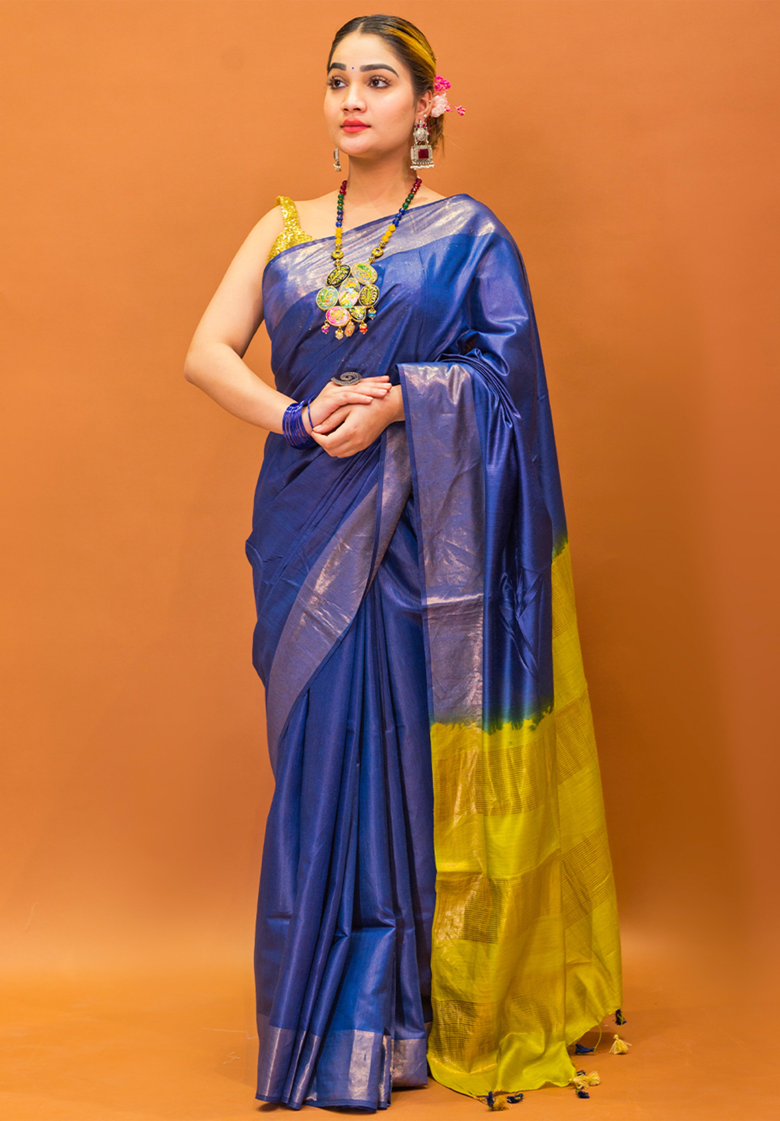 Women’s Woven Design Pure Muga Silk Saree With Blouse Piece- Royal Blue