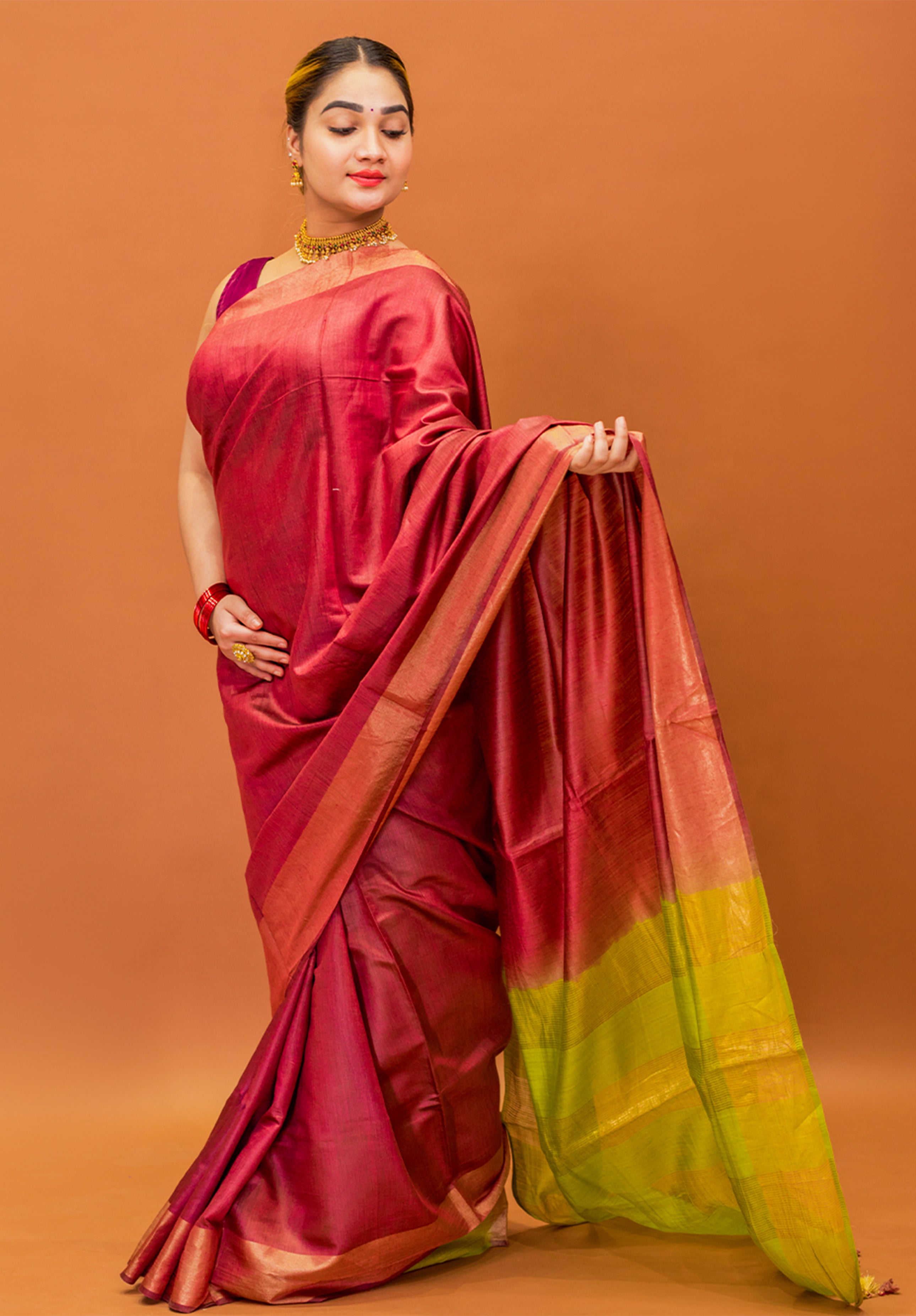 Women’s Woven Design Pure Muga Silk Saree With Blouse Piece- Coffee Maroon
