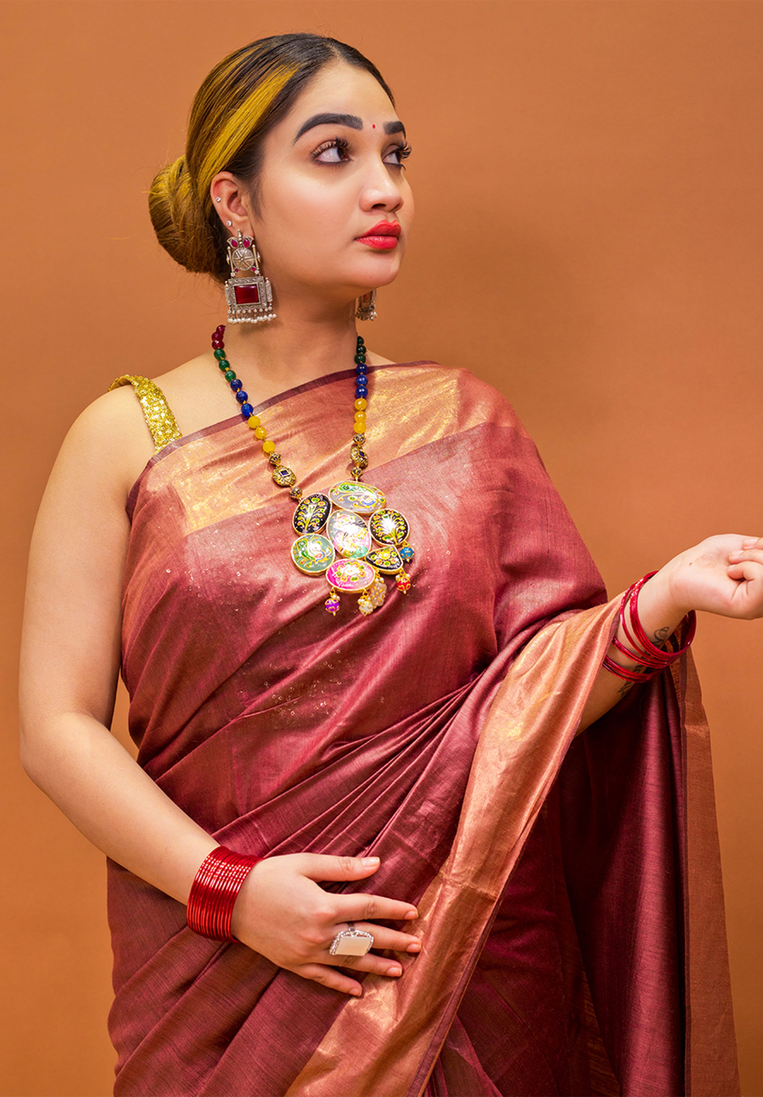Women’s Woven Design Pure Muga Silk Saree With Blouse Piece- Coffee Maroon