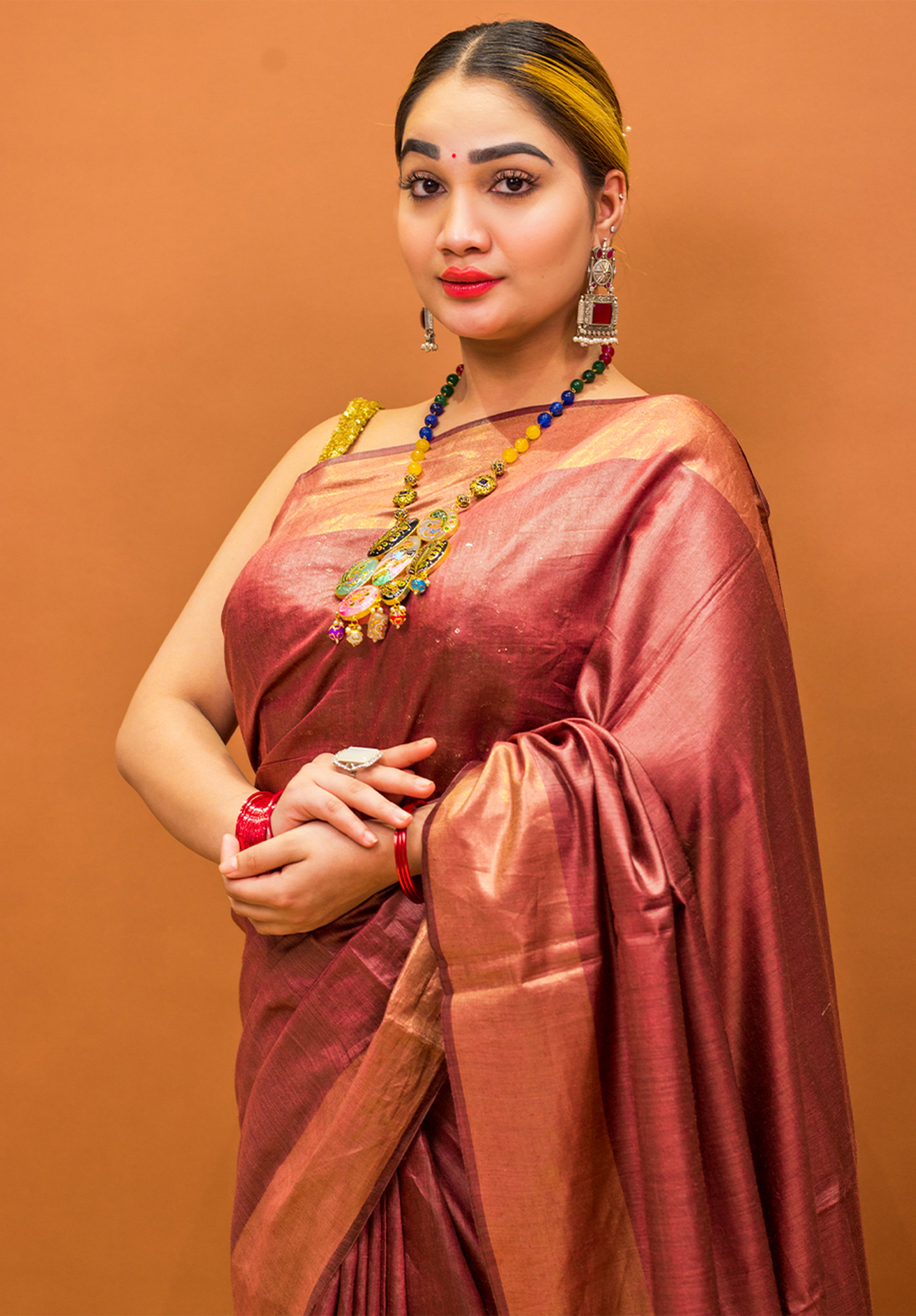 Women’s Woven Design Pure Muga Silk Saree With Blouse Piece- Coffee Maroon