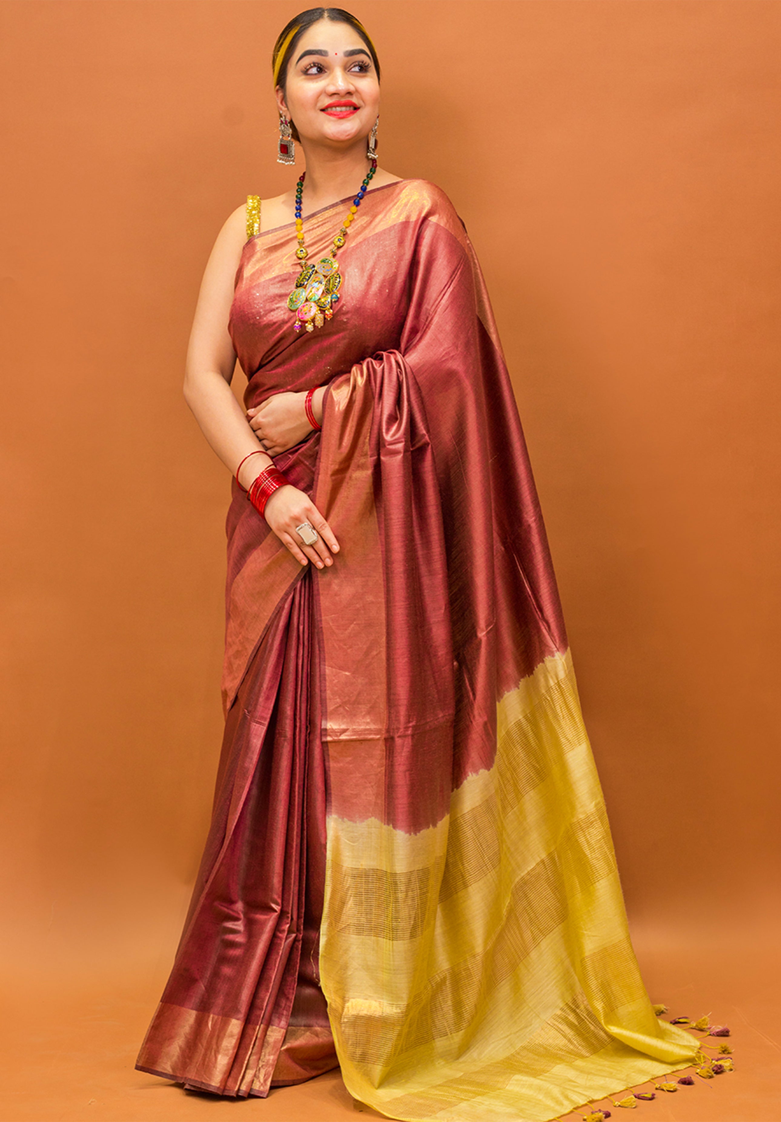 Women’s Woven Design Pure Muga Silk Saree With Blouse Piece- Coffee Maroon