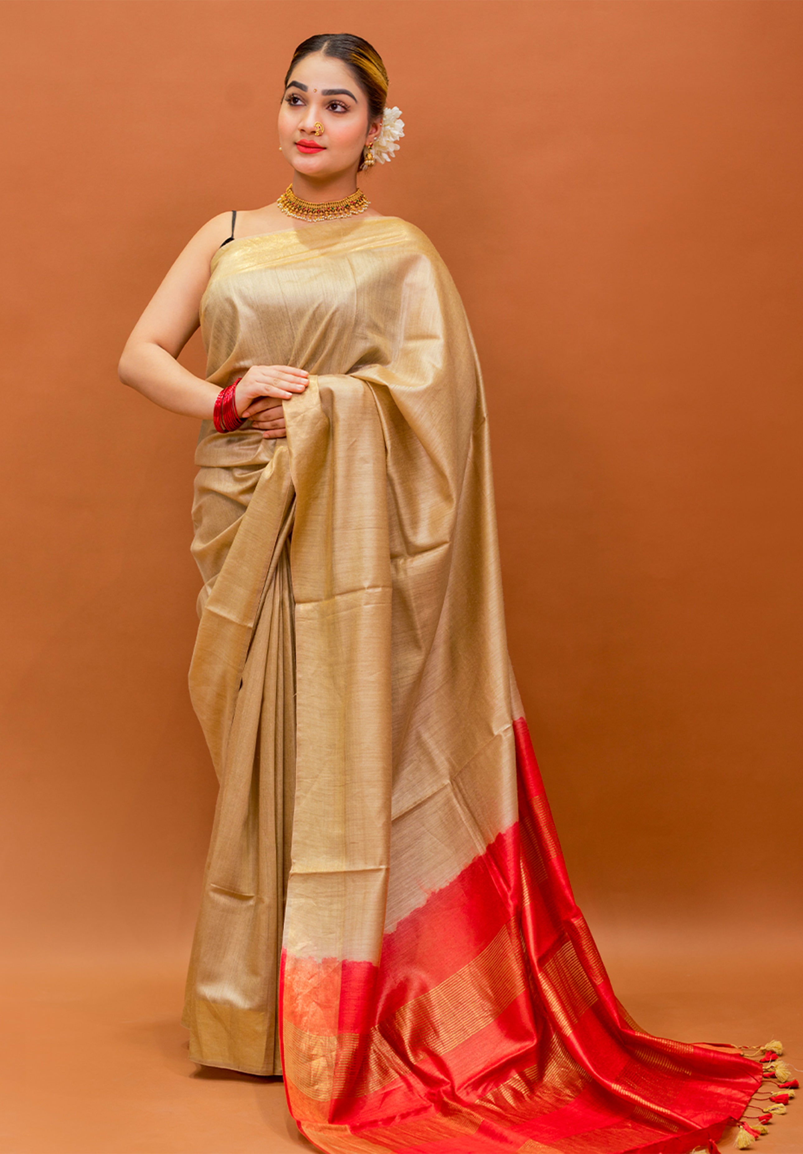 Women’s Woven Design Pure Muga Silk Saree With Blouse Piece- Cream