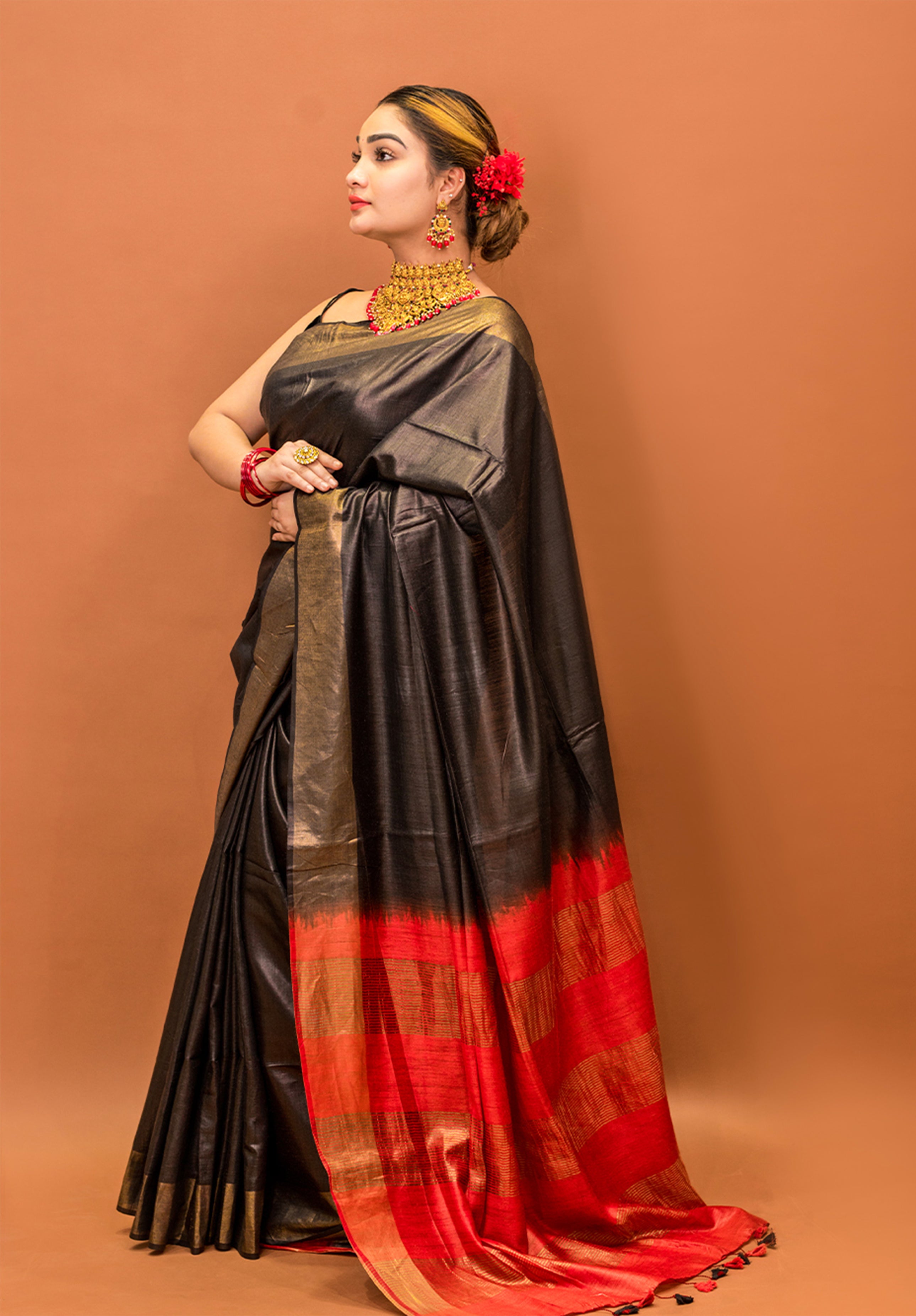 Women’s Woven Design Pure Muga Silk Saree With Blouse Piece- Black