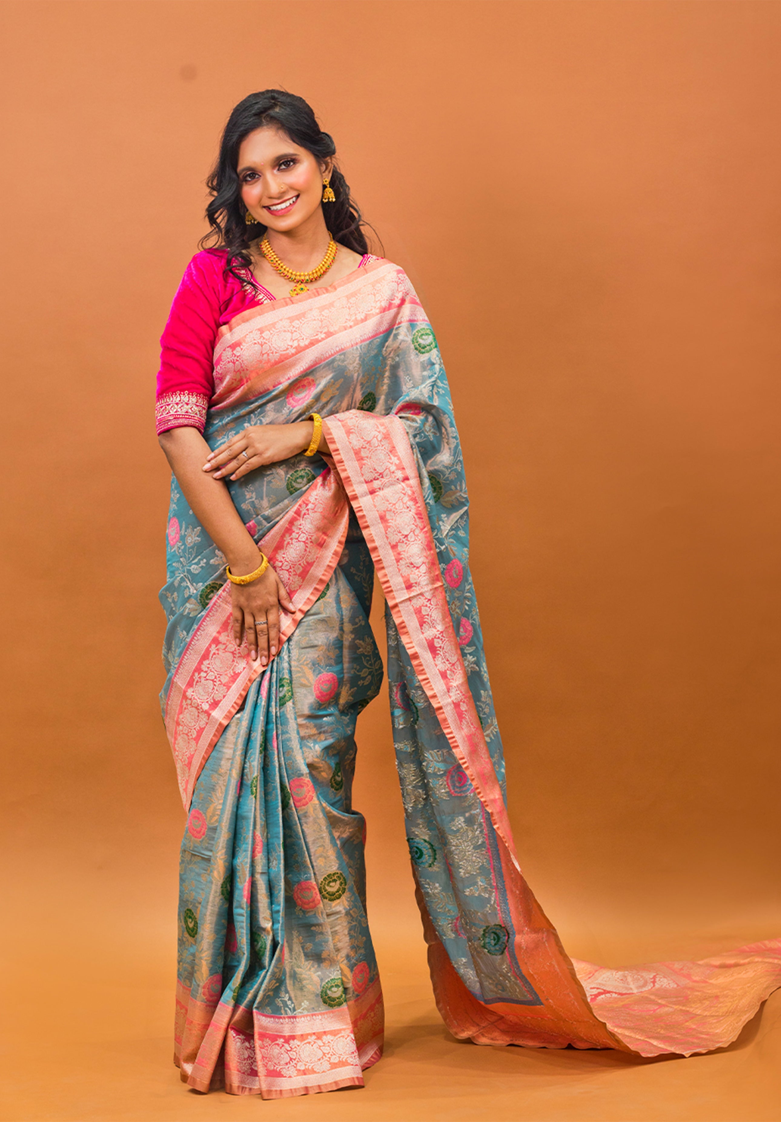 Pure Tissue Kanjivaram Silk Saree With Blouse Piece-Gray
