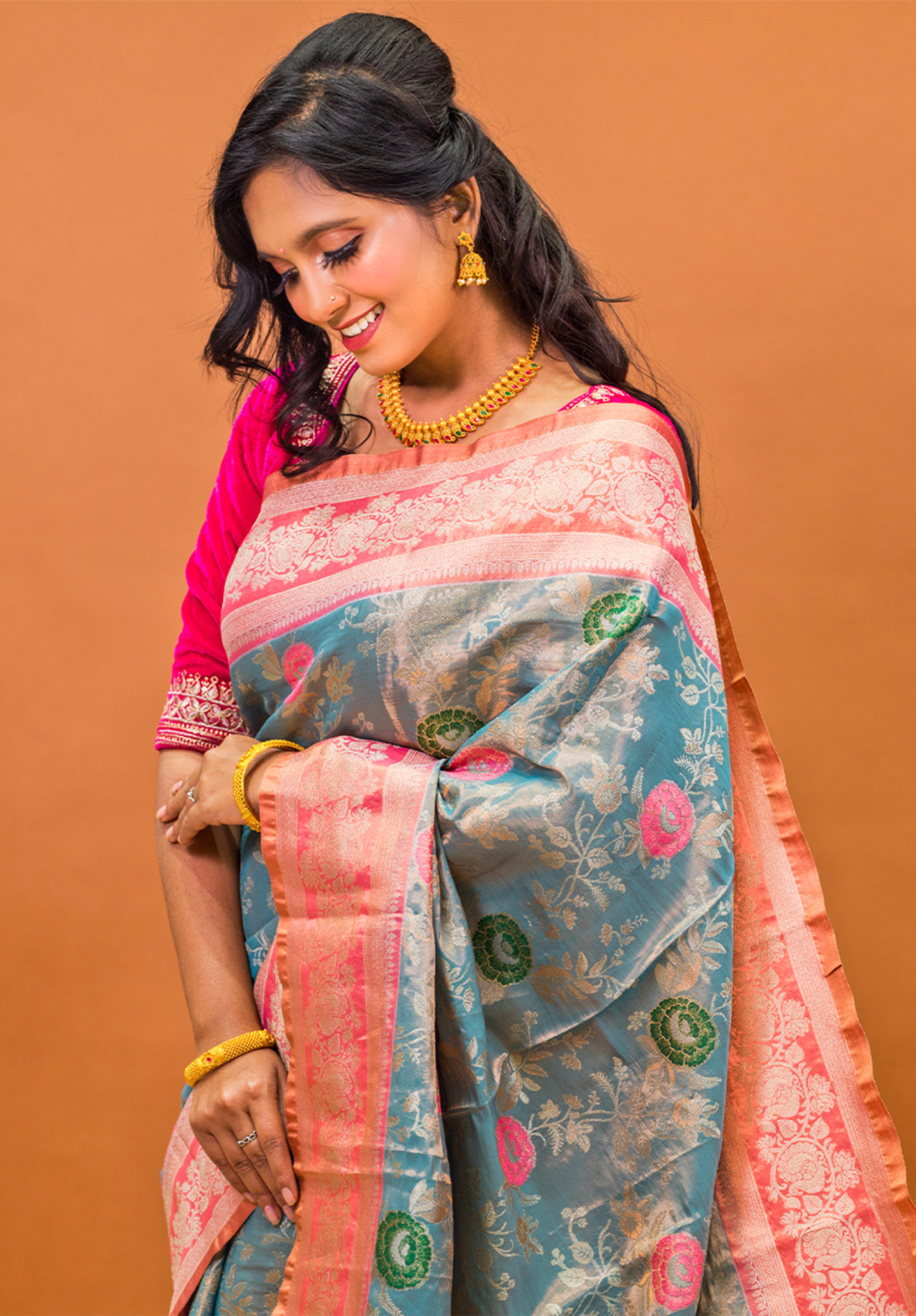 Pure Tissue Kanjivaram Silk Saree With Blouse Piece-Gray