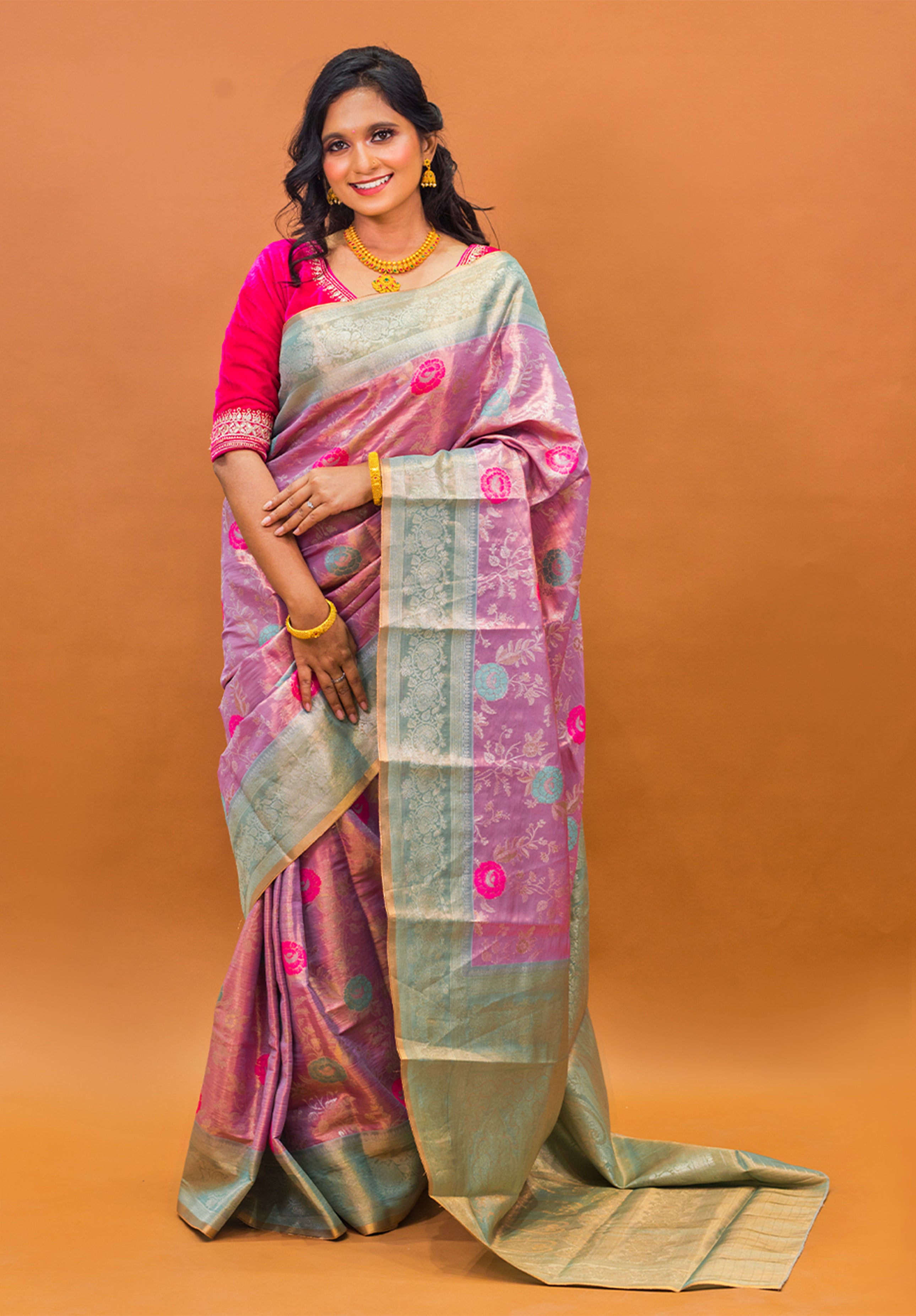 Pure Tissue Kanjivaram Silk Saree With Blouse Piece- Light peach